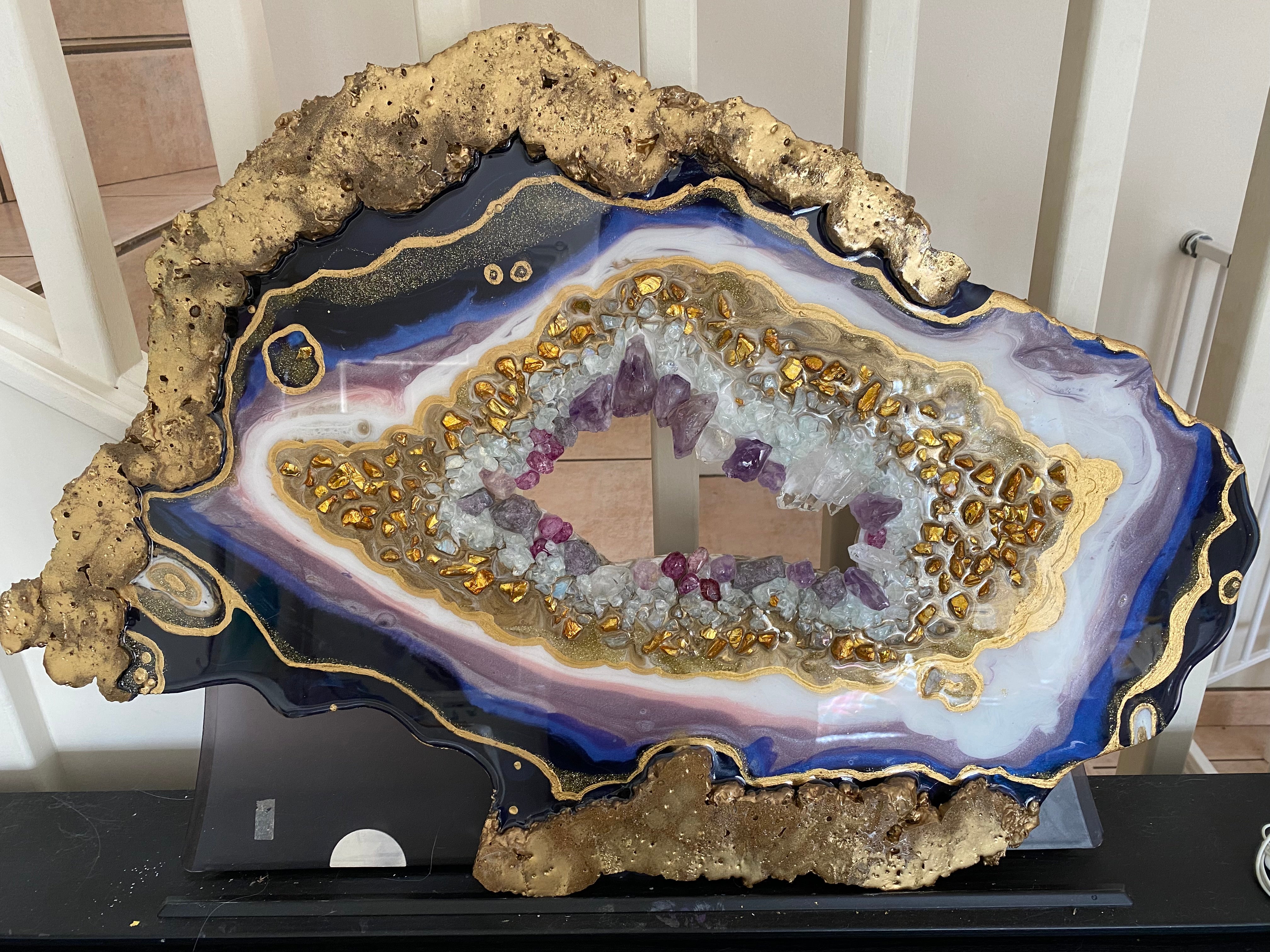 Amethyst Torus Geode. Freeform Purple and Gold Geode Gemstone Artwork with Amethysts