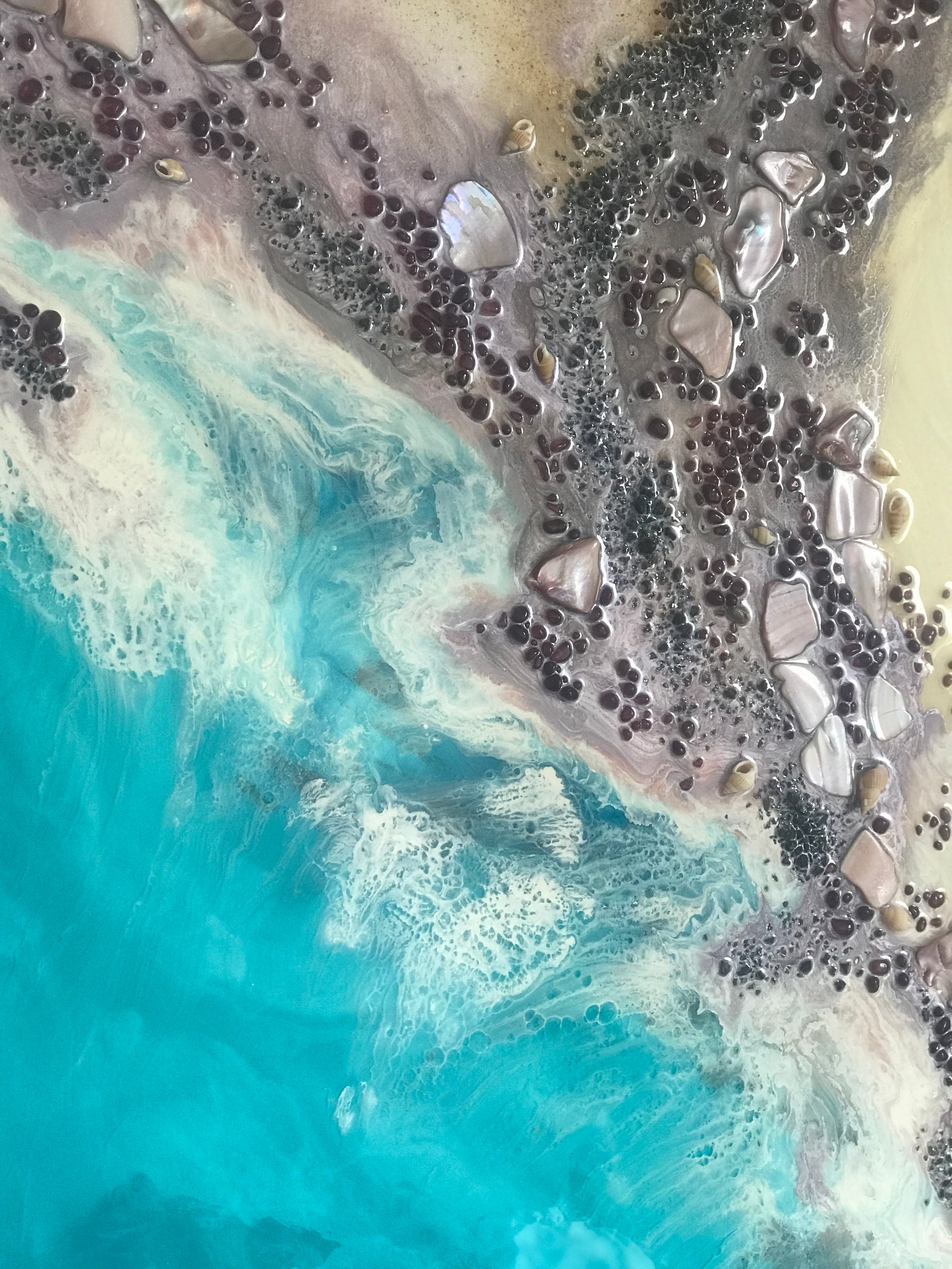 Teal Blue Ocean Wave. Byron Bay Magic. Original Artwork. Antuanelle 8 Magic with Mussels and Garnet. Abstract Seascape 90x90cm