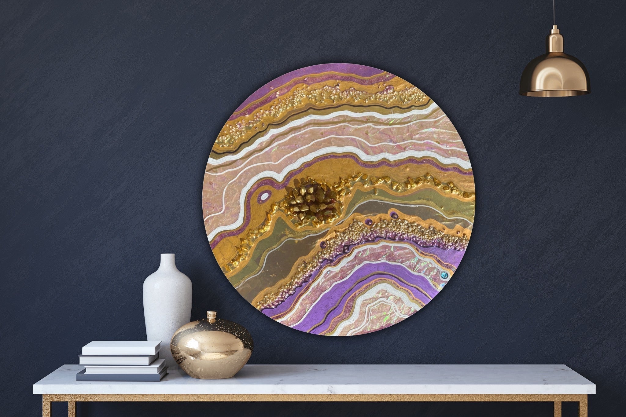 Golden Goddess pink Pyrite 2 Gemstone Crystal Geode Artwork. COMMISSION