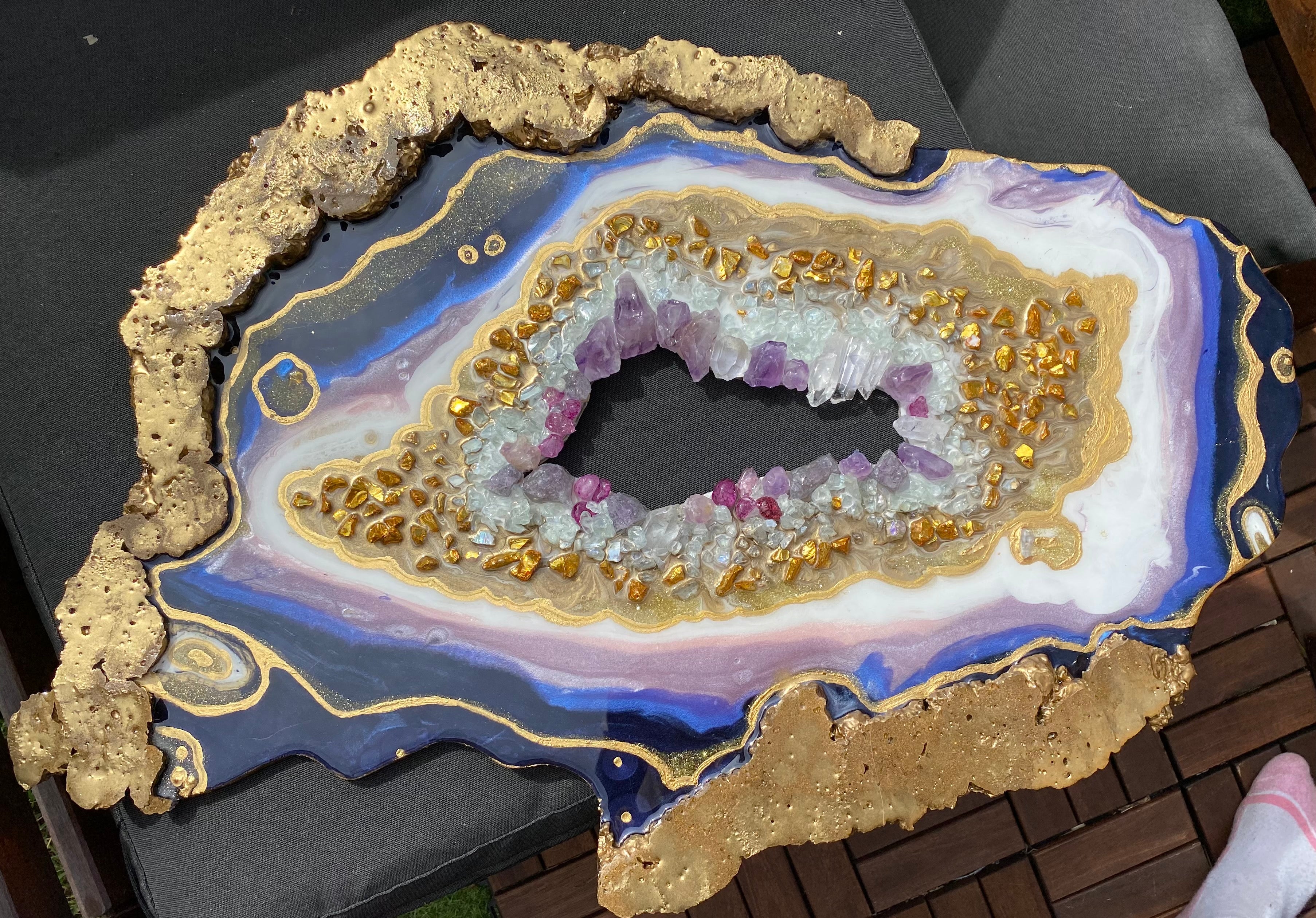 Amethyst Torus Geode. Freeform Purple and Gold Geode Gemstone Artwork with Amethysts