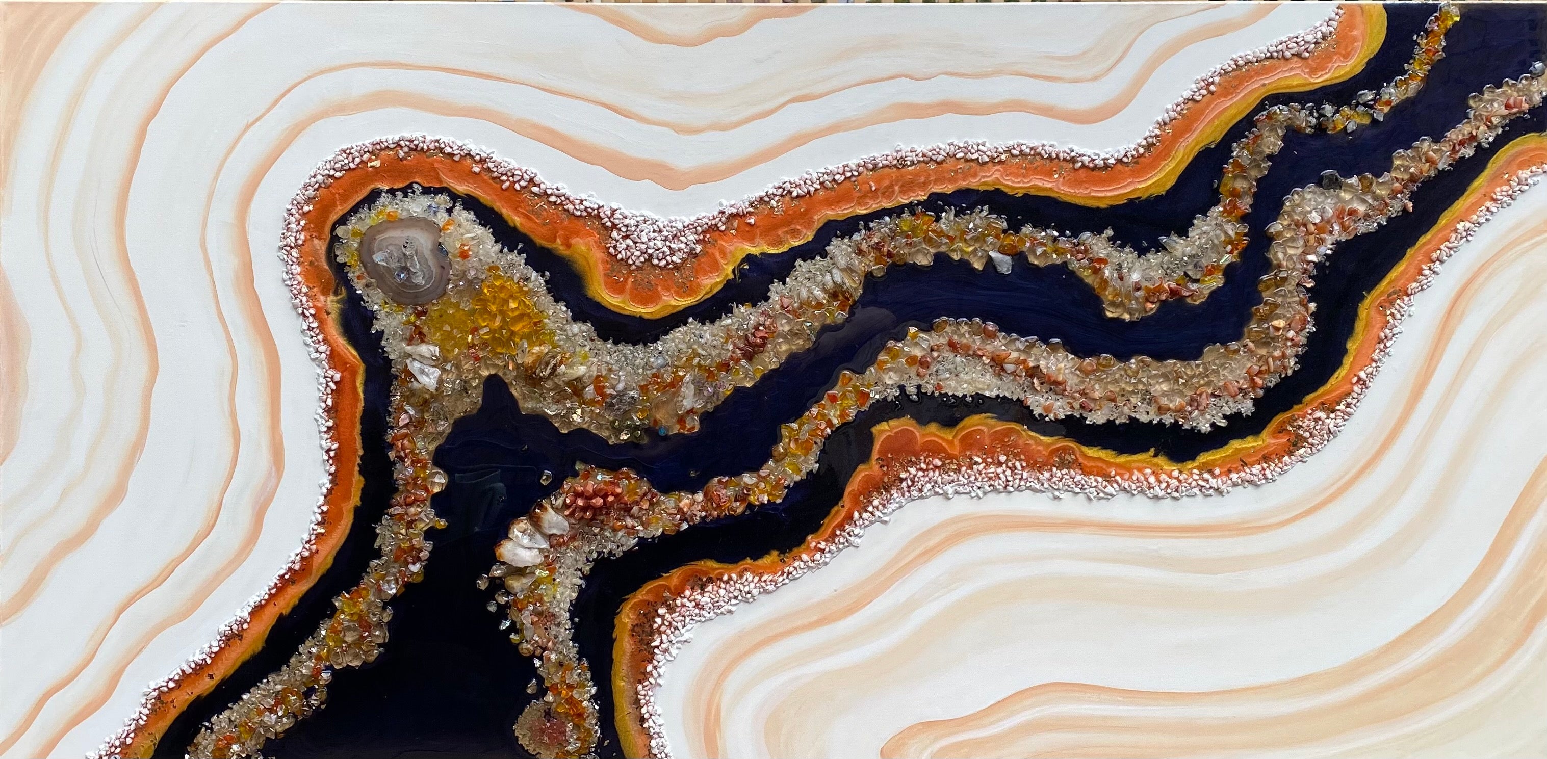 Golden Reef Orange Navy Crystal Reef Artwork with natural Citrine 150x75cm