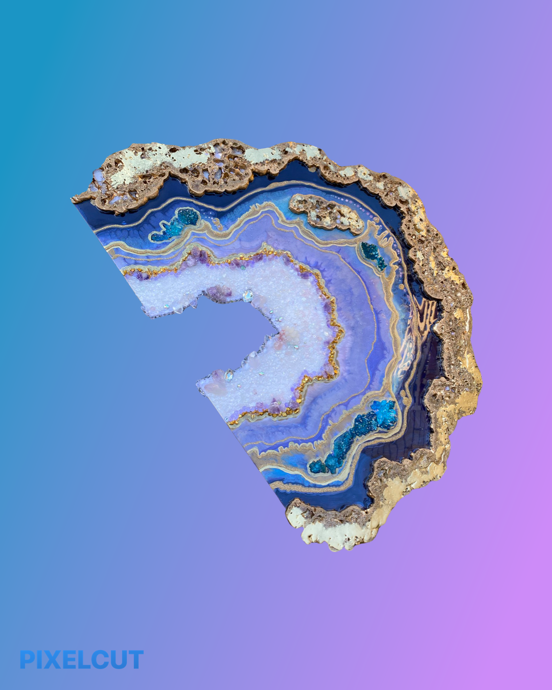 Amethyst Torus Geode. Freeform Purple and Gold Geode Gemstone Artwork with Amethysts