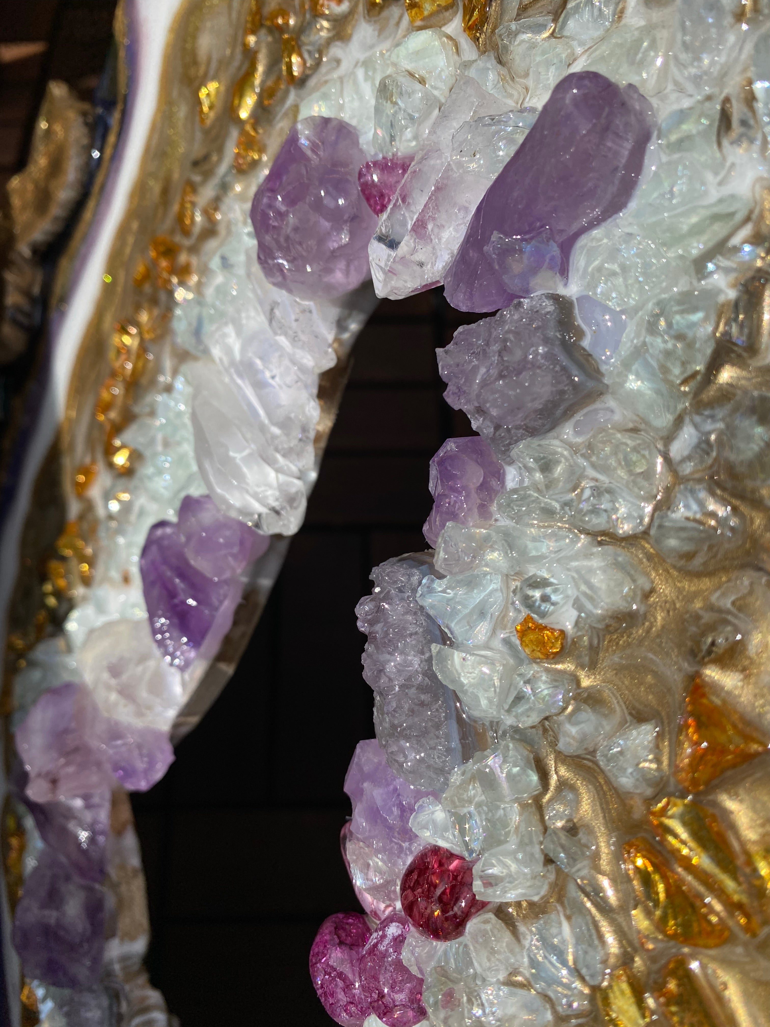 Amethyst Torus Geode. Freeform Purple and Gold Geode Gemstone Artwork with Amethysts