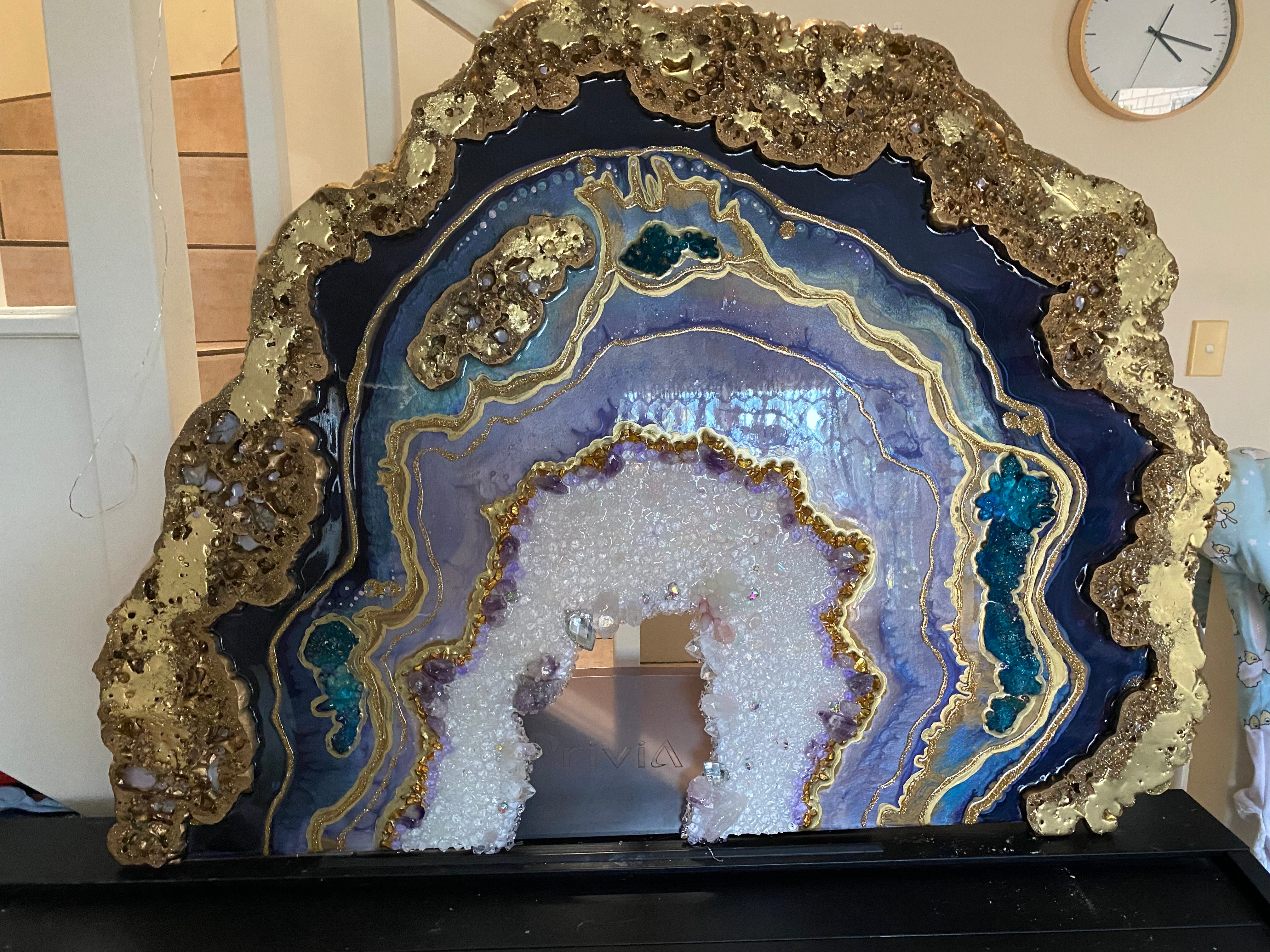 Amethyst Torus Geode. Freeform Purple and Gold Geode Gemstone Artwork with Amethysts