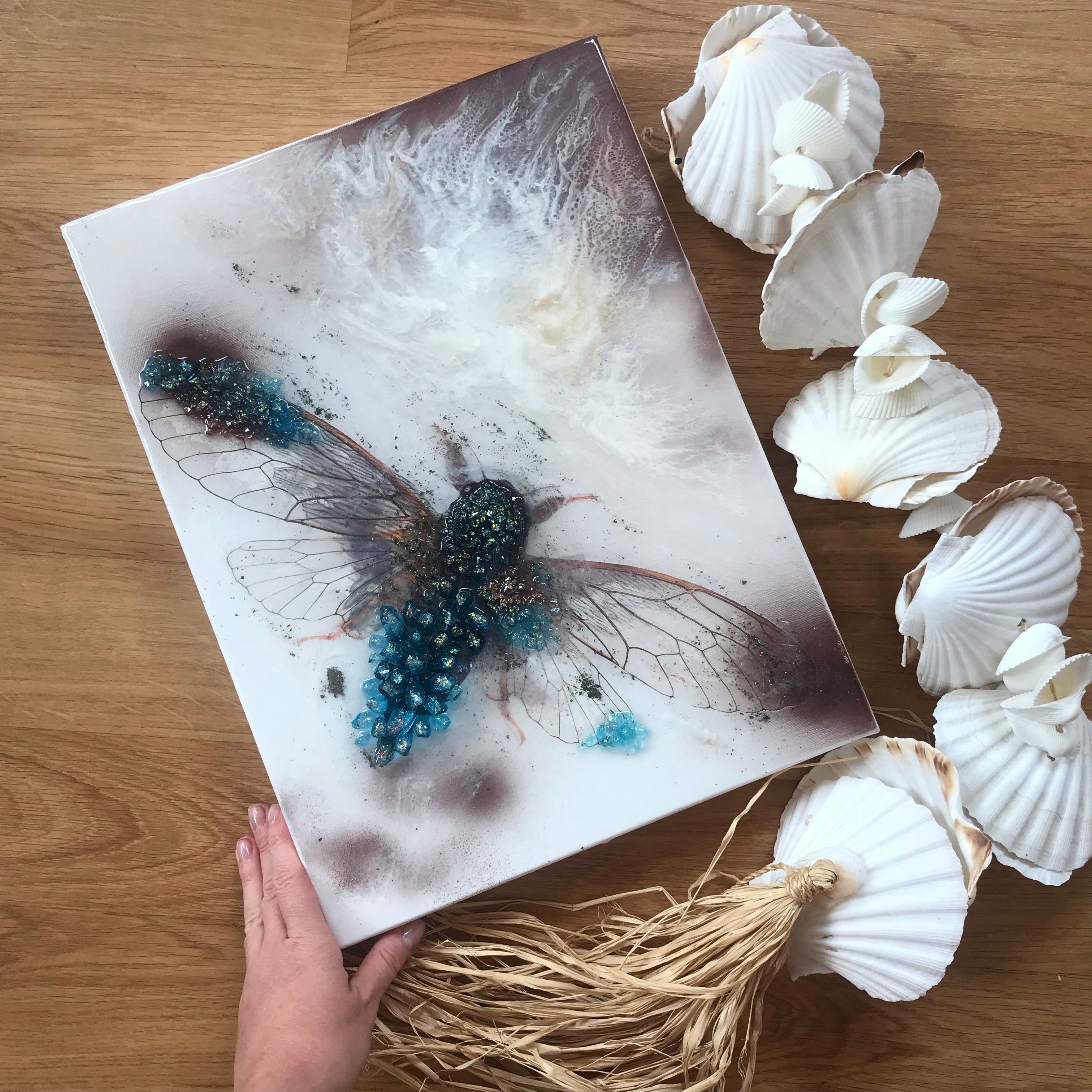 1 Cicada in Crystals. Blue Opal. Original Artwork 30x40cm