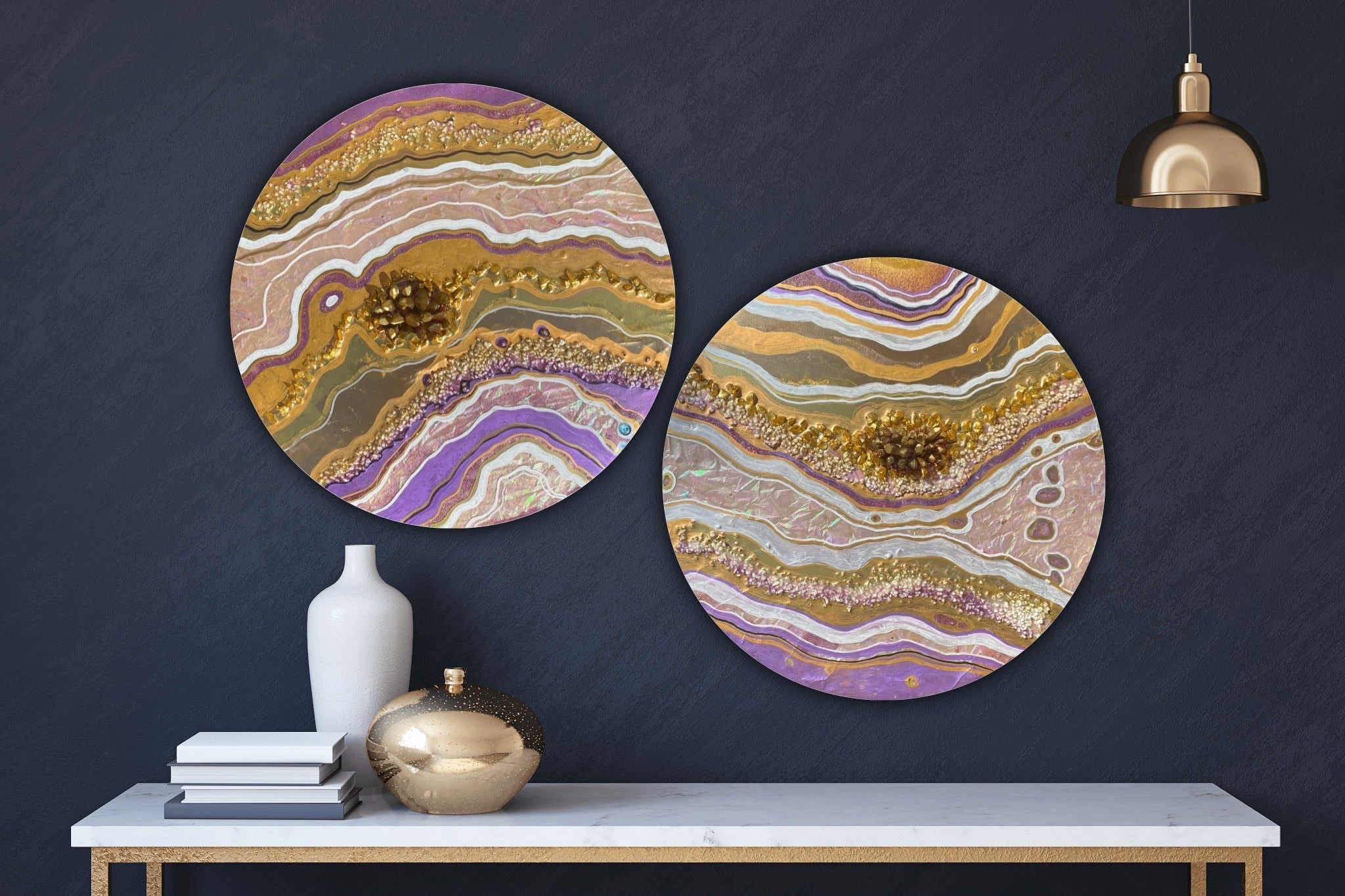 Golden Goddess pink Pyrite 2 Gemstone Crystal Geode Artwork. COMMISSION