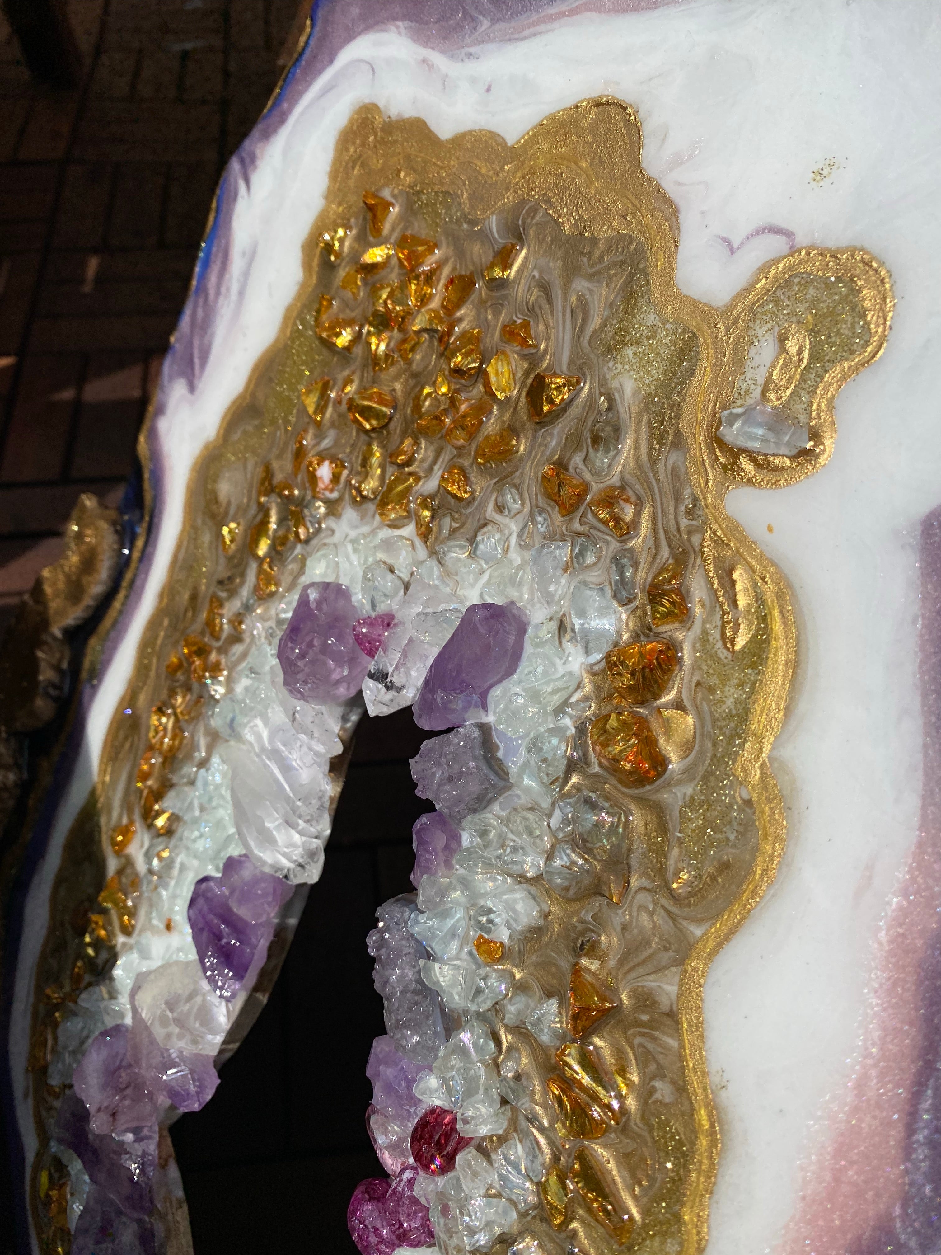 Amethyst Torus Geode. Freeform Purple and Gold Geode Gemstone Artwork with Amethysts