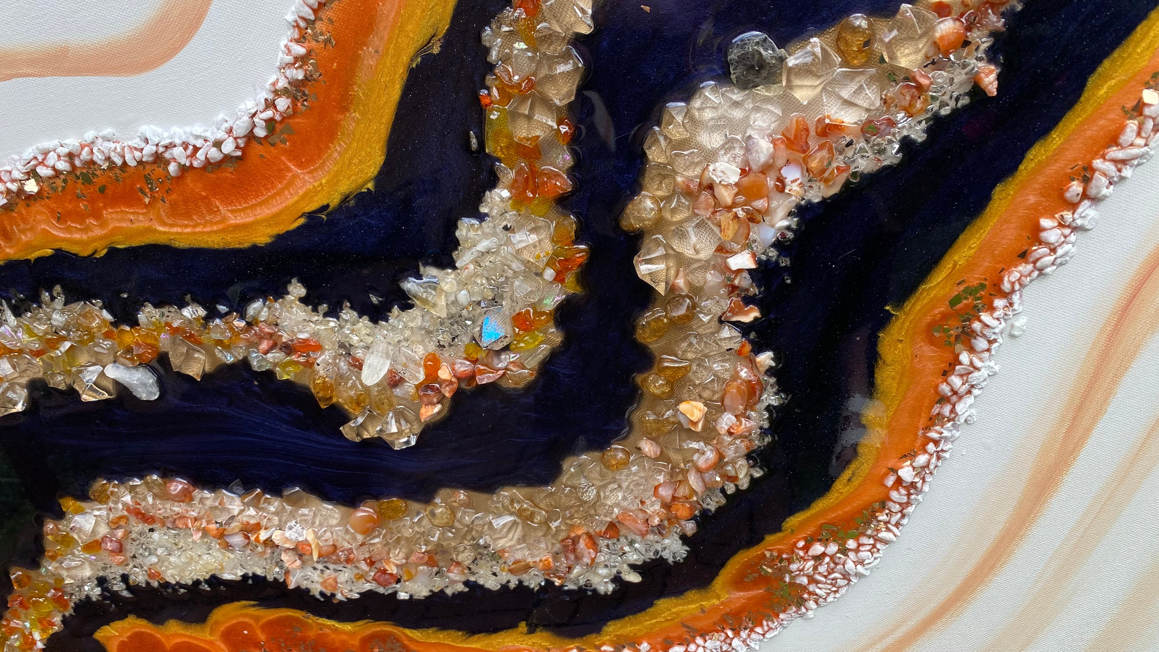 Golden Reef Orange Navy Crystal Reef Artwork with natural Citrine 150x75cm