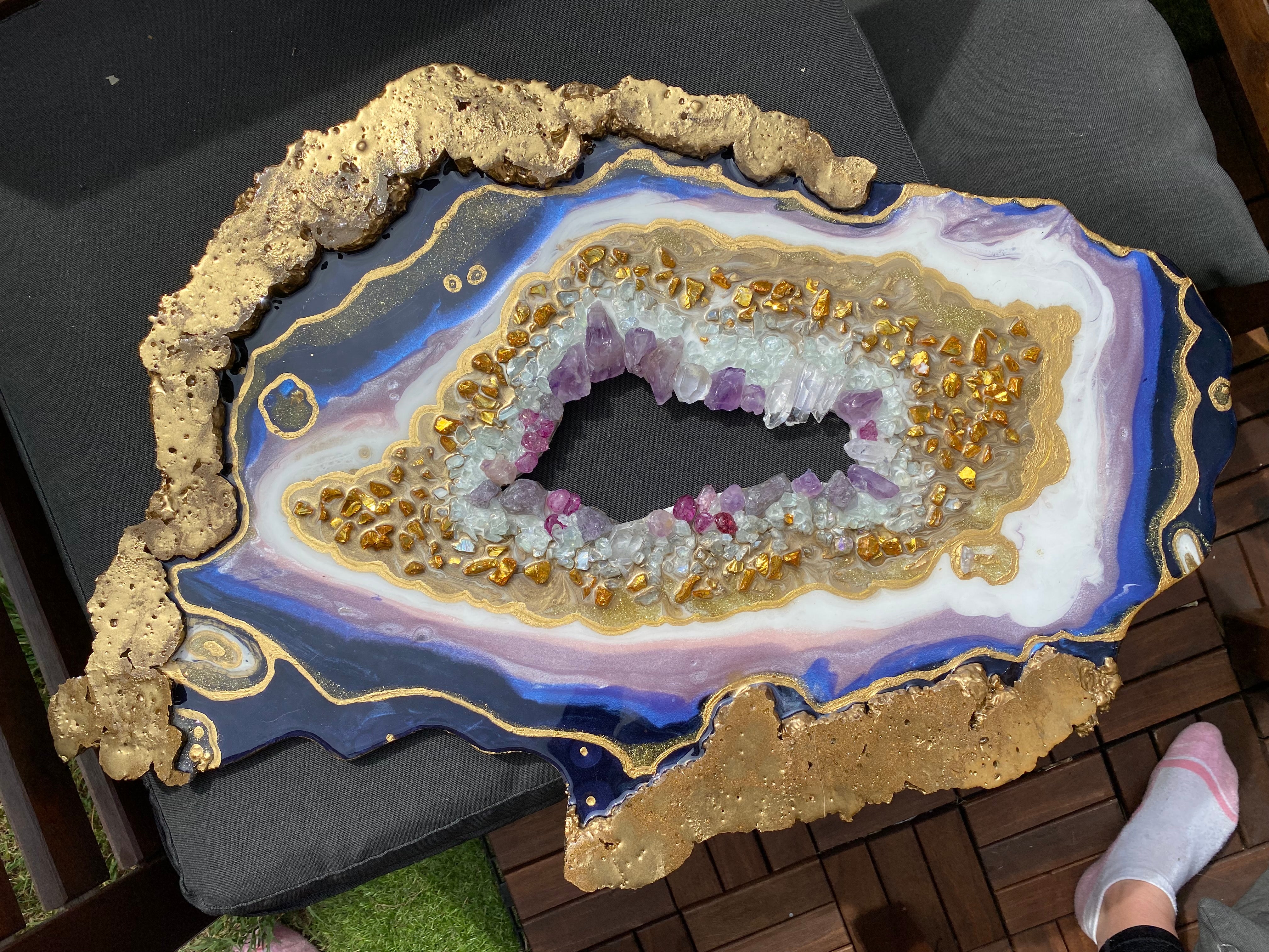 Amethyst Torus Geode. Freeform Purple and Gold Geode Gemstone Artwork with Amethysts