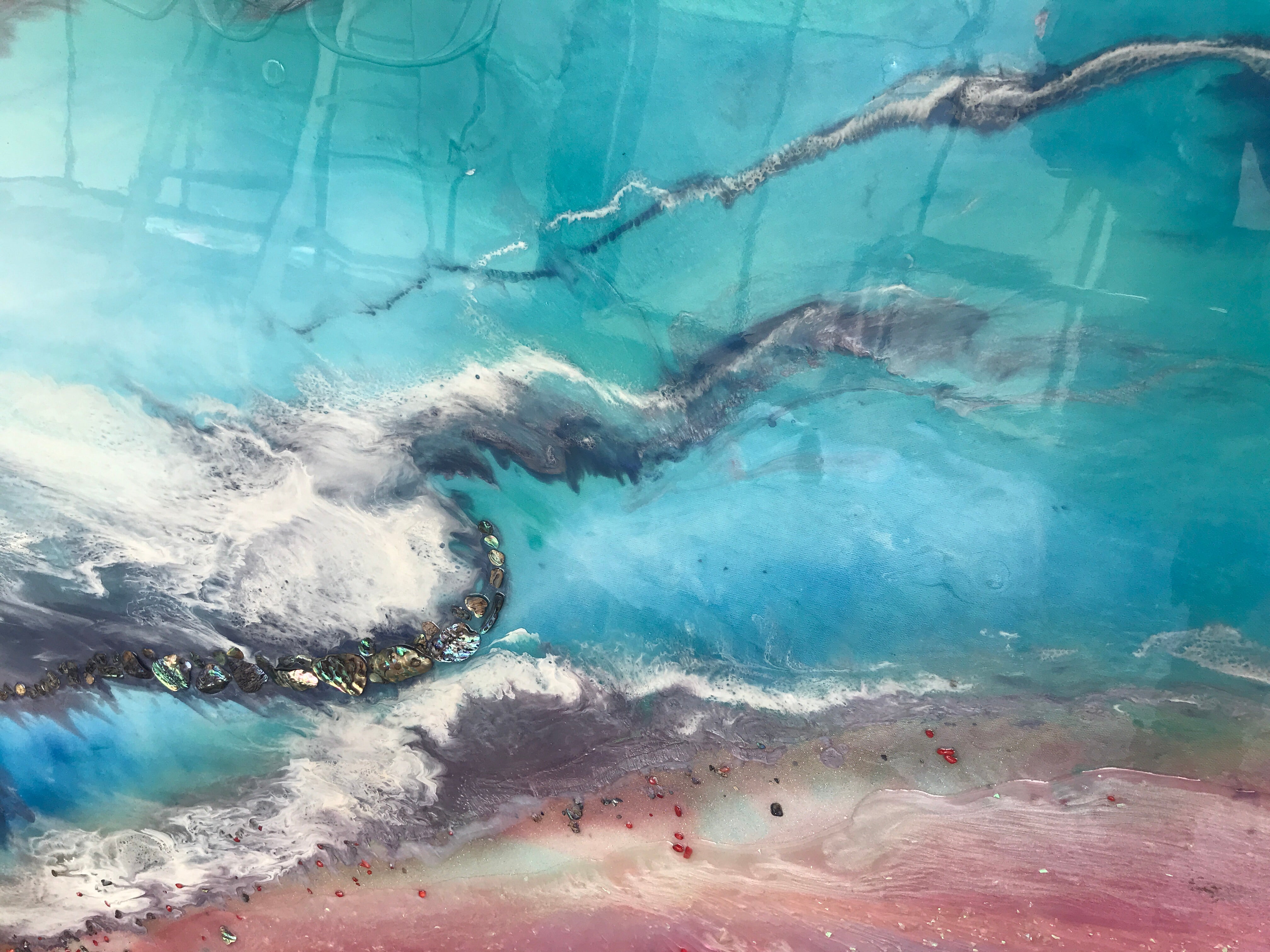 Teal and Pink Ocean Painting. Abstract Seascape Resin Artwork 12 Azure Coastline. Ocean. Original with Abalone Shells Coral 120x150cm.