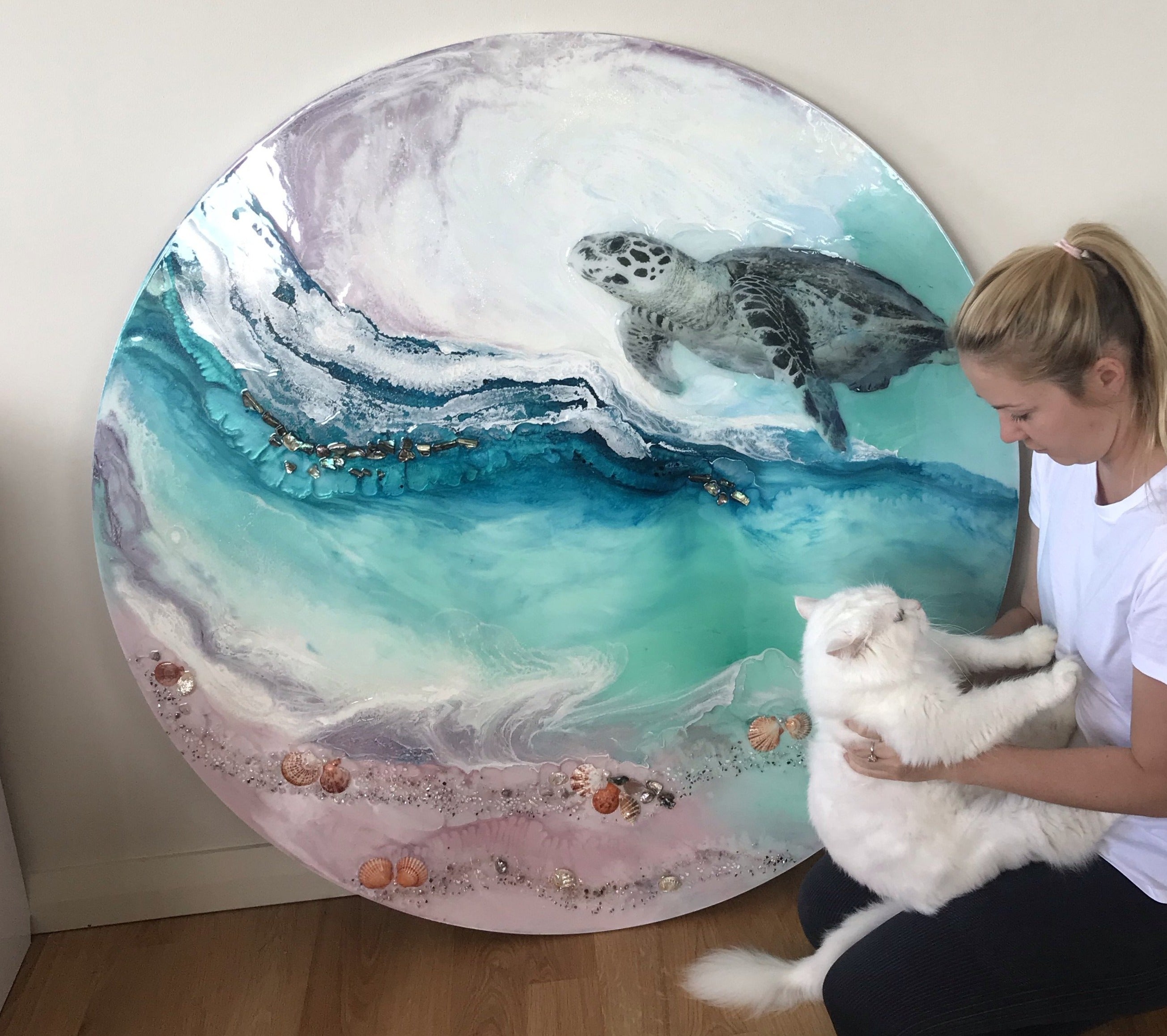 Sea Turtle 2.0. Hawaii Island Seascape. Round Artwork.