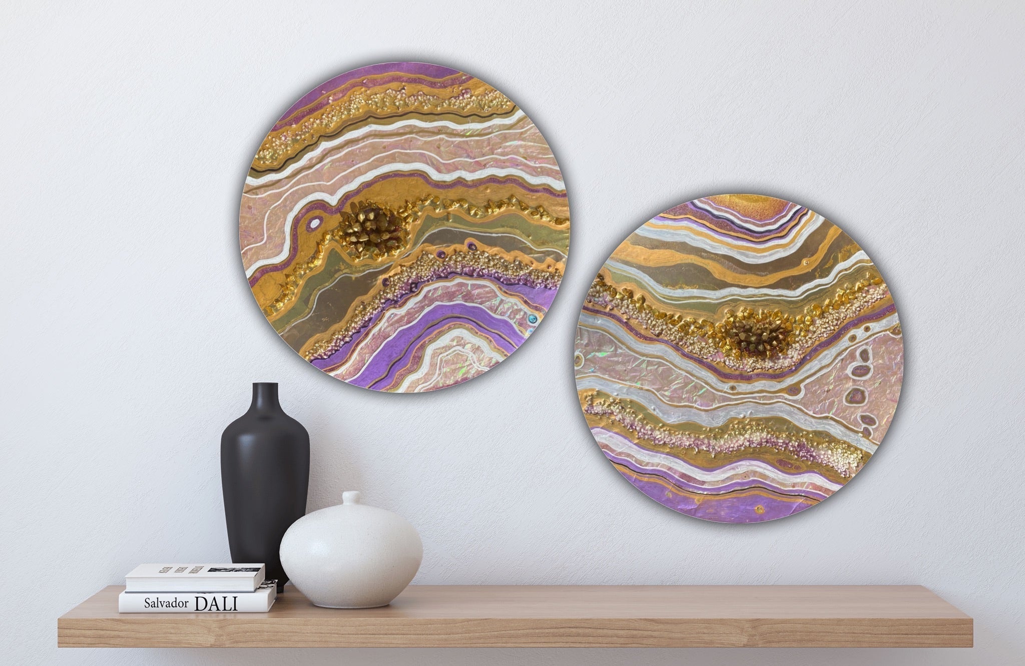 Golden Goddess pink Pyrite 2 Gemstone Crystal Geode Artwork. COMMISSION