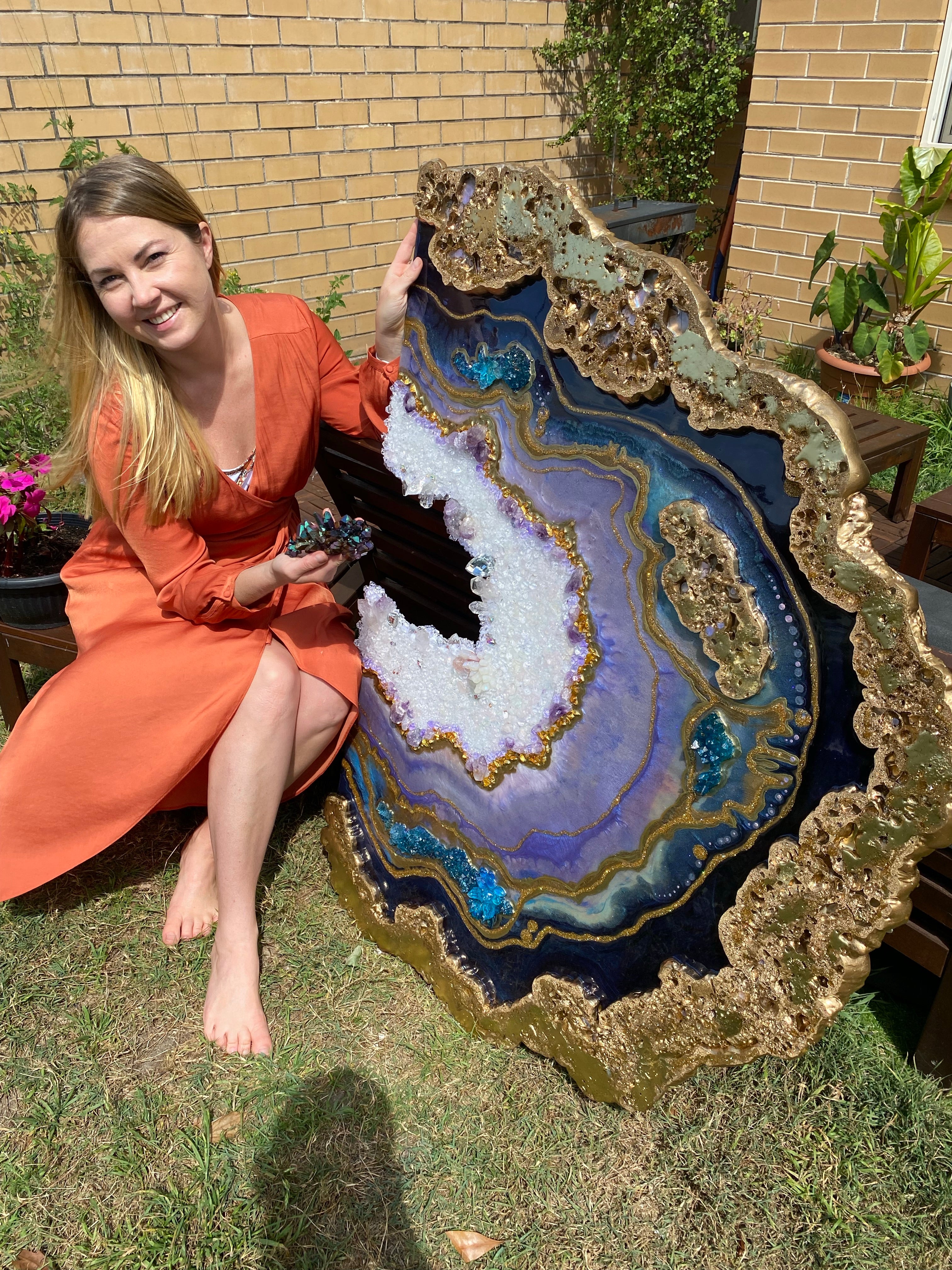 Amethyst Torus Geode. Freeform Purple and Gold Geode Gemstone Artwork with Amethysts