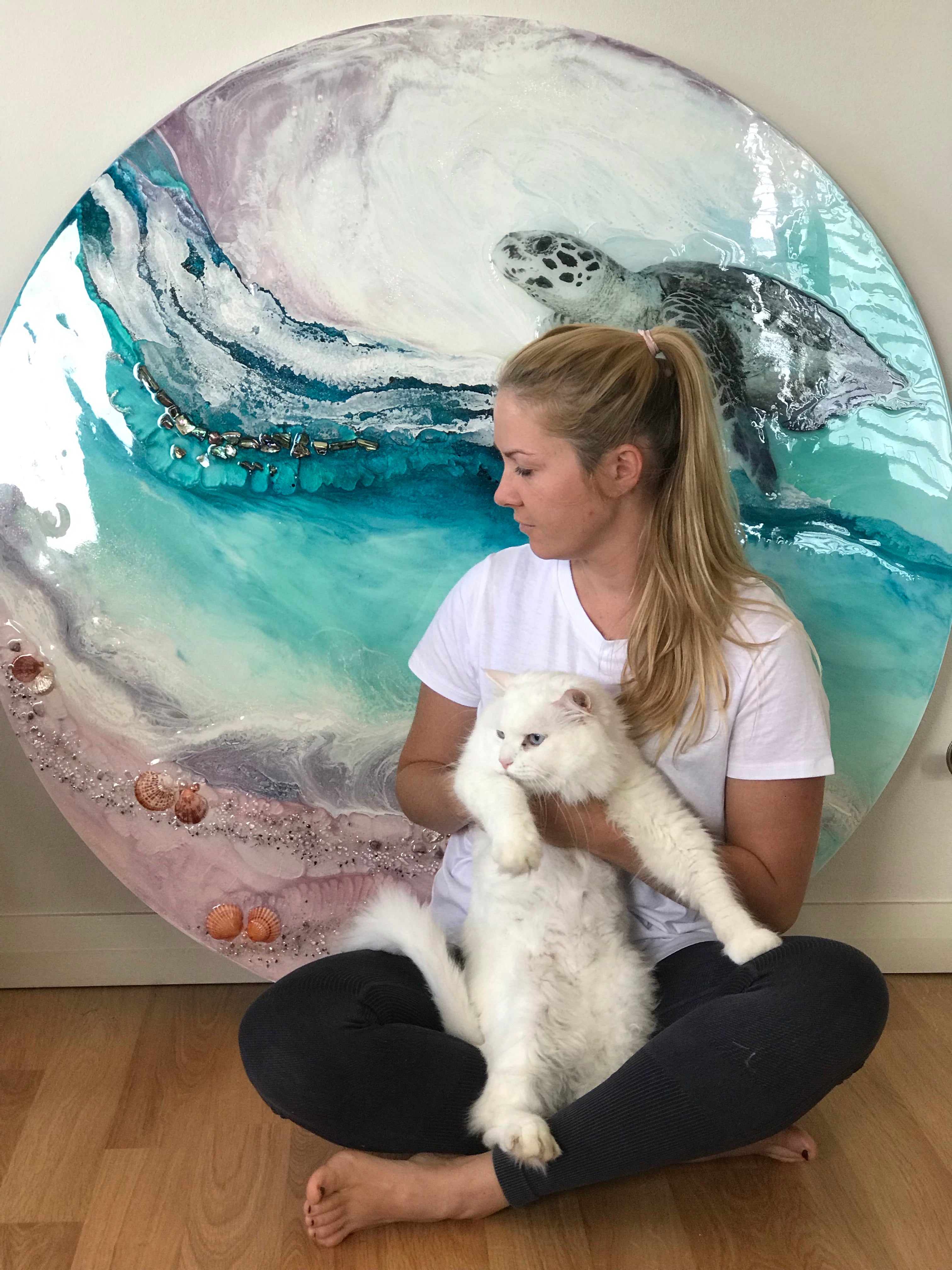 Turtle Teal Blue artwork. Abstract Coastal Artwork. Antuanelle 5 Bounty 2.0. Australian Seascape. Round