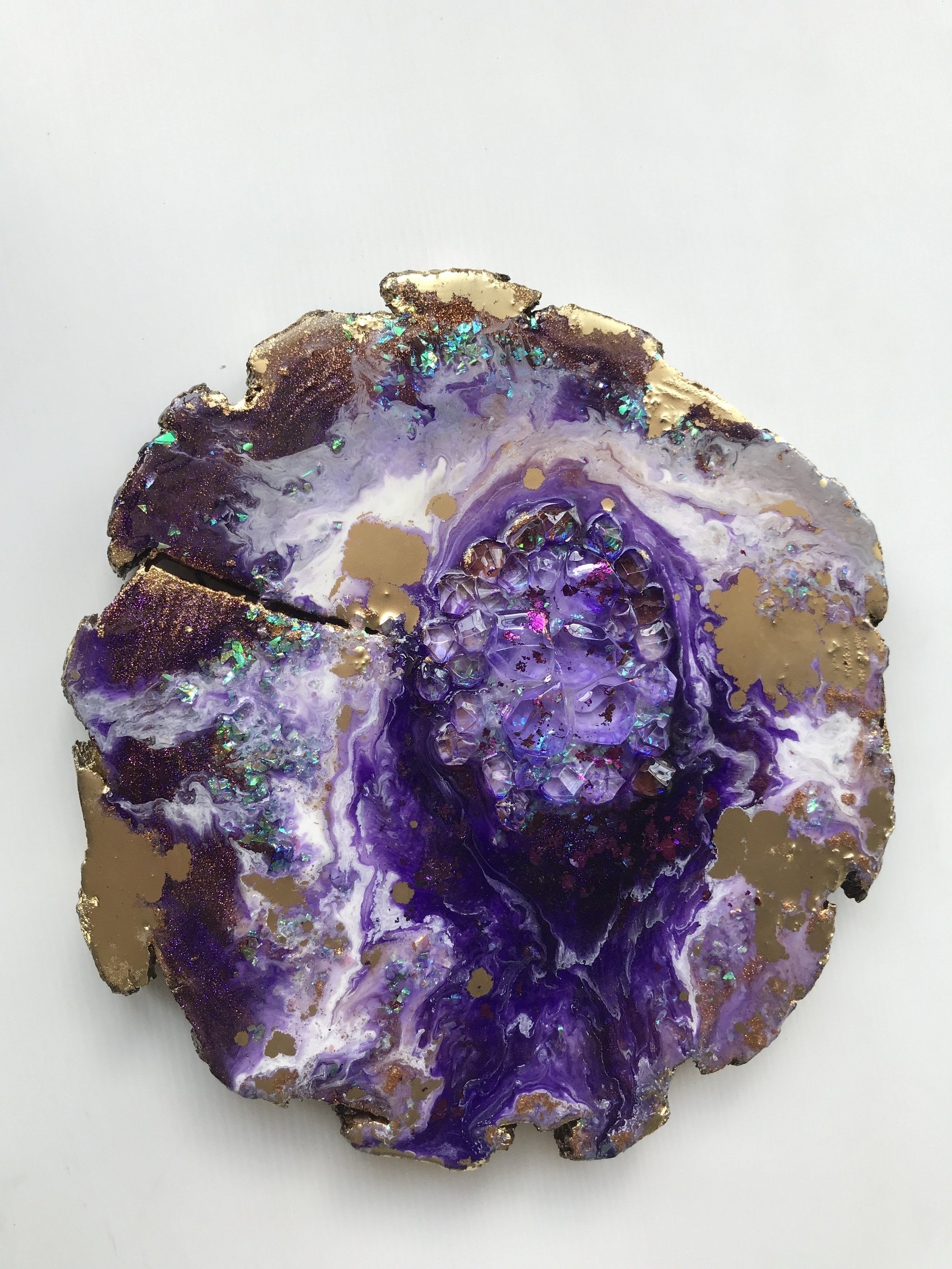Amethyst Torus Geode. Freeform Purple and Gold Geode Gemstone Artwork with Amethysts