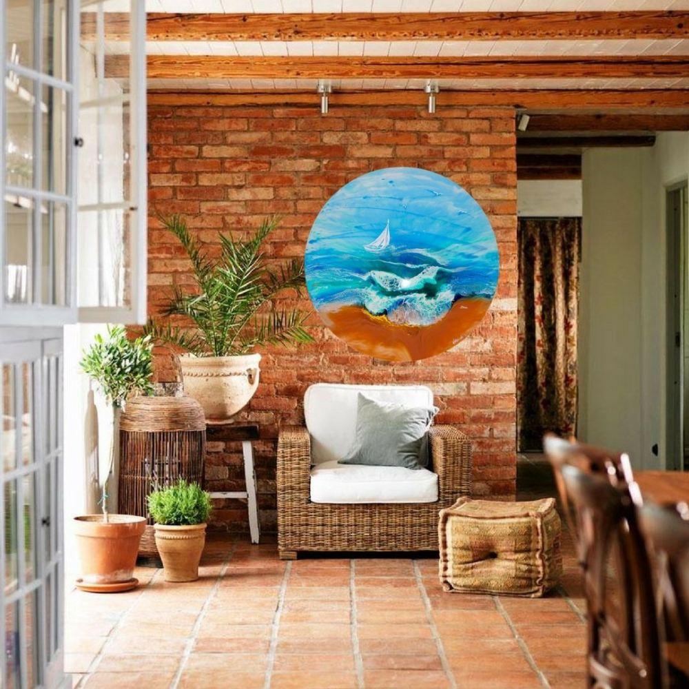 Turquoise artwork. Seascape with yacht. TURQUOISE ocean. Antuanelle 2 Original Artwork.