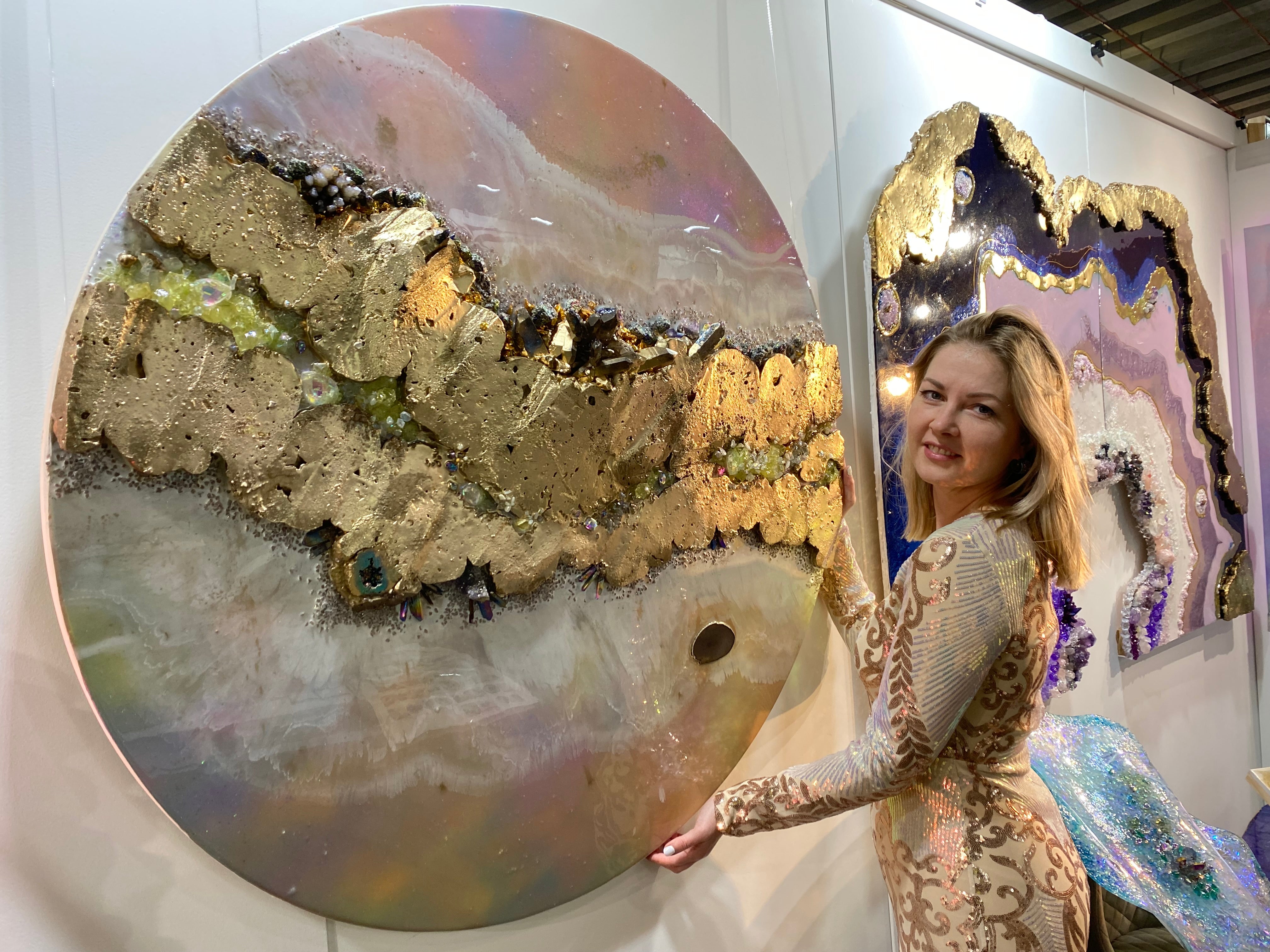 Eclipse Round Gold Organic Pink and Yellow multicolor Abstract Artwork with shadow Quartz and crystals