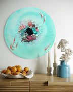 Crystal Bounty Reef Aqua Dolphins Round Artwork with Quartz, Amethyst , Gold leaf , Pearl 50cm/ 20”