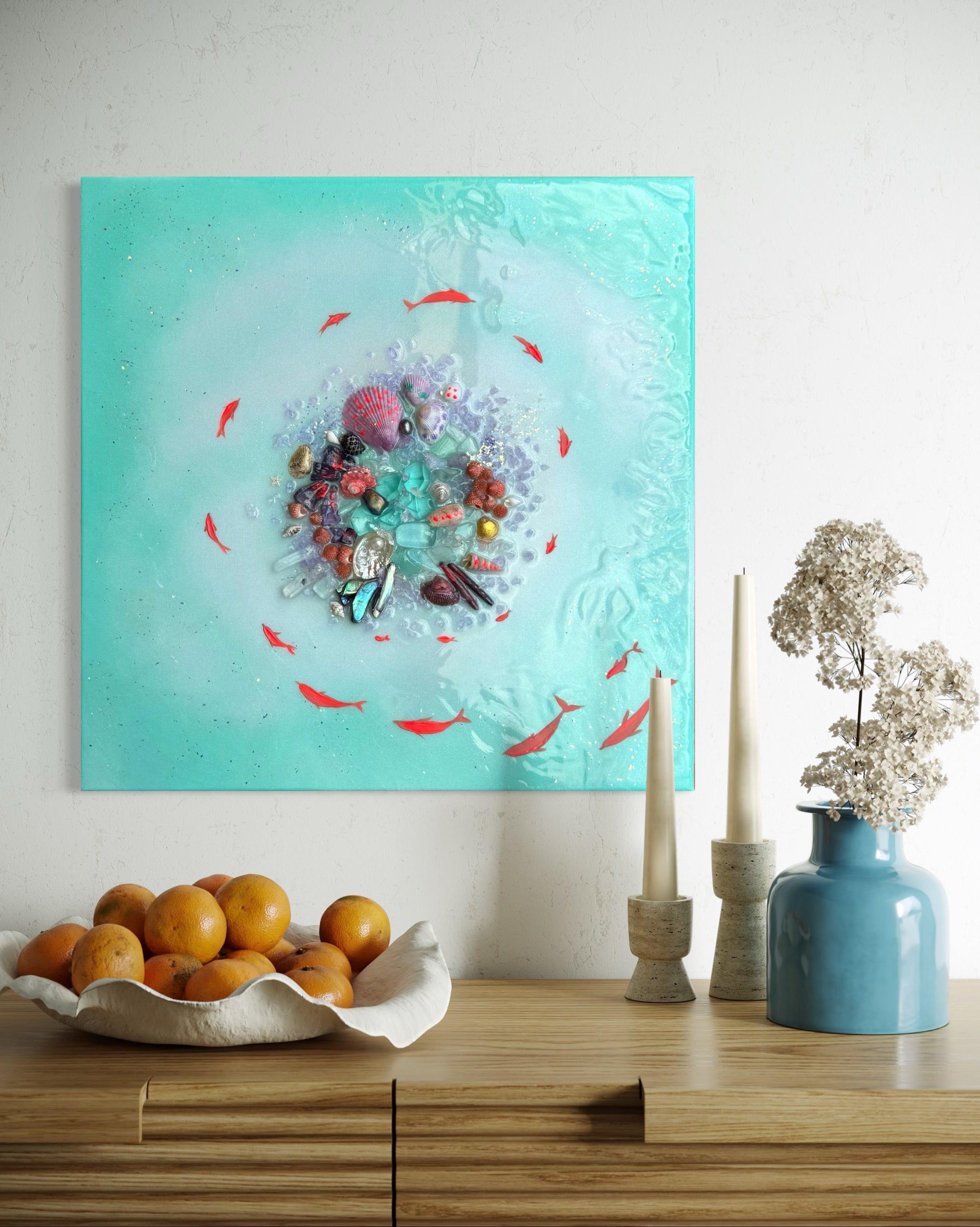 Feel of wonder  Set of 2 with Amethyst, Sea Urchin and Gold Leaf, Quartz set of 2 40x40cm ea/16x16”