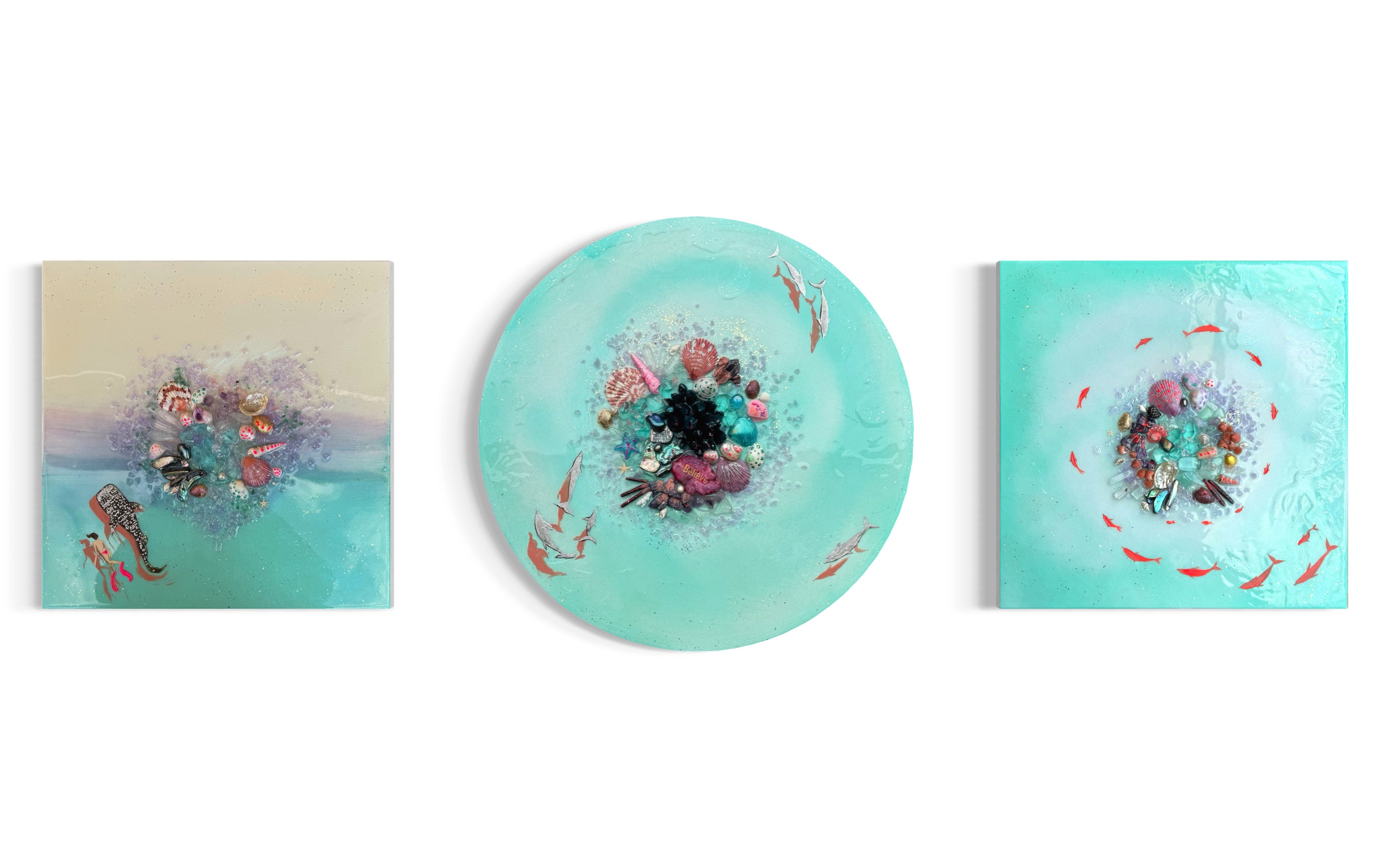 Crystal Bounty Reef Aqua Dolphins Round Artwork with Quartz, Amethyst , Gold leaf , Pearl 50cm/ 20”