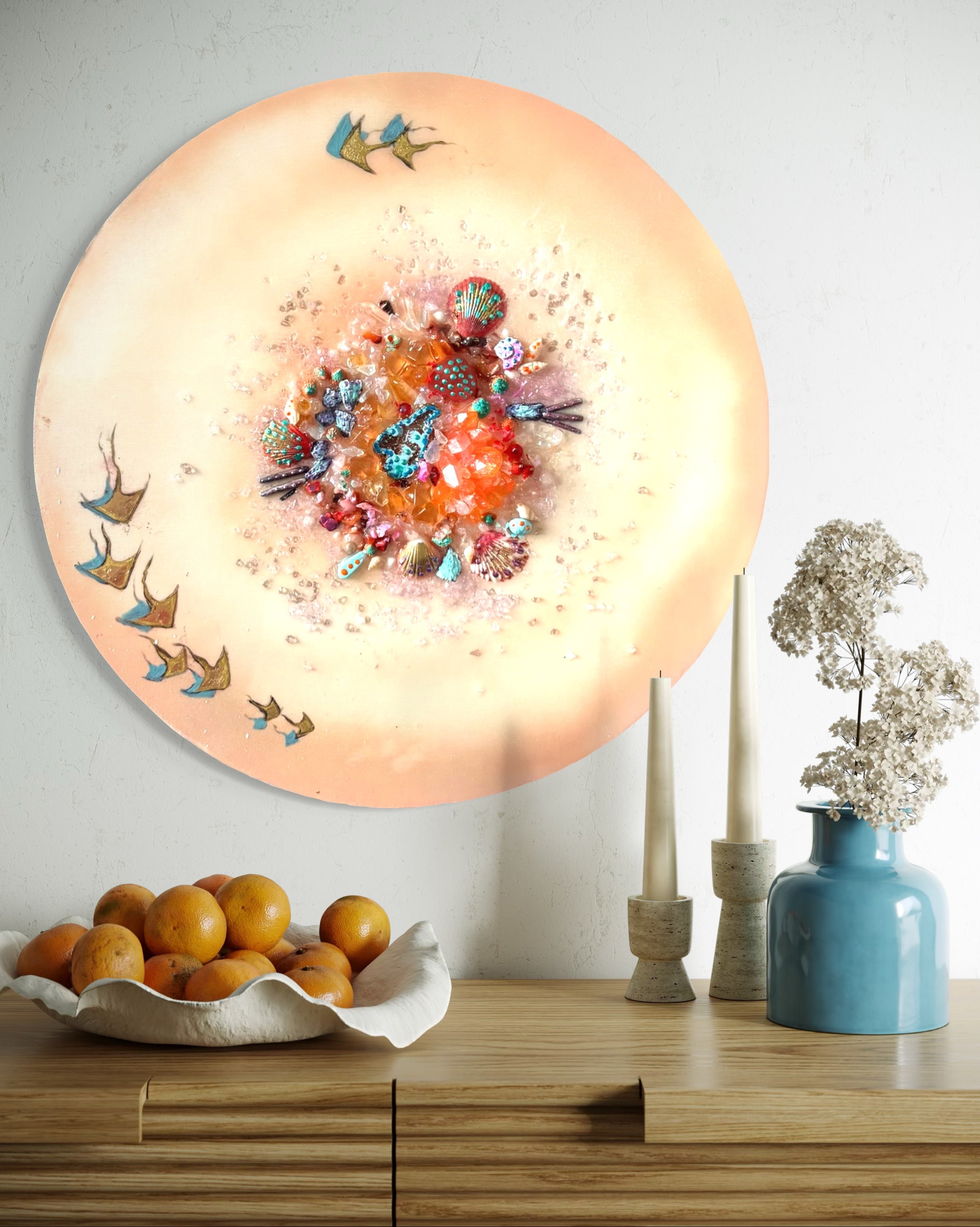 Bounty Reef Aqua Sting Rays Round Artwork with Quartz, Amethyst, Sea Urchin, Pearls, 50cm/20x20”