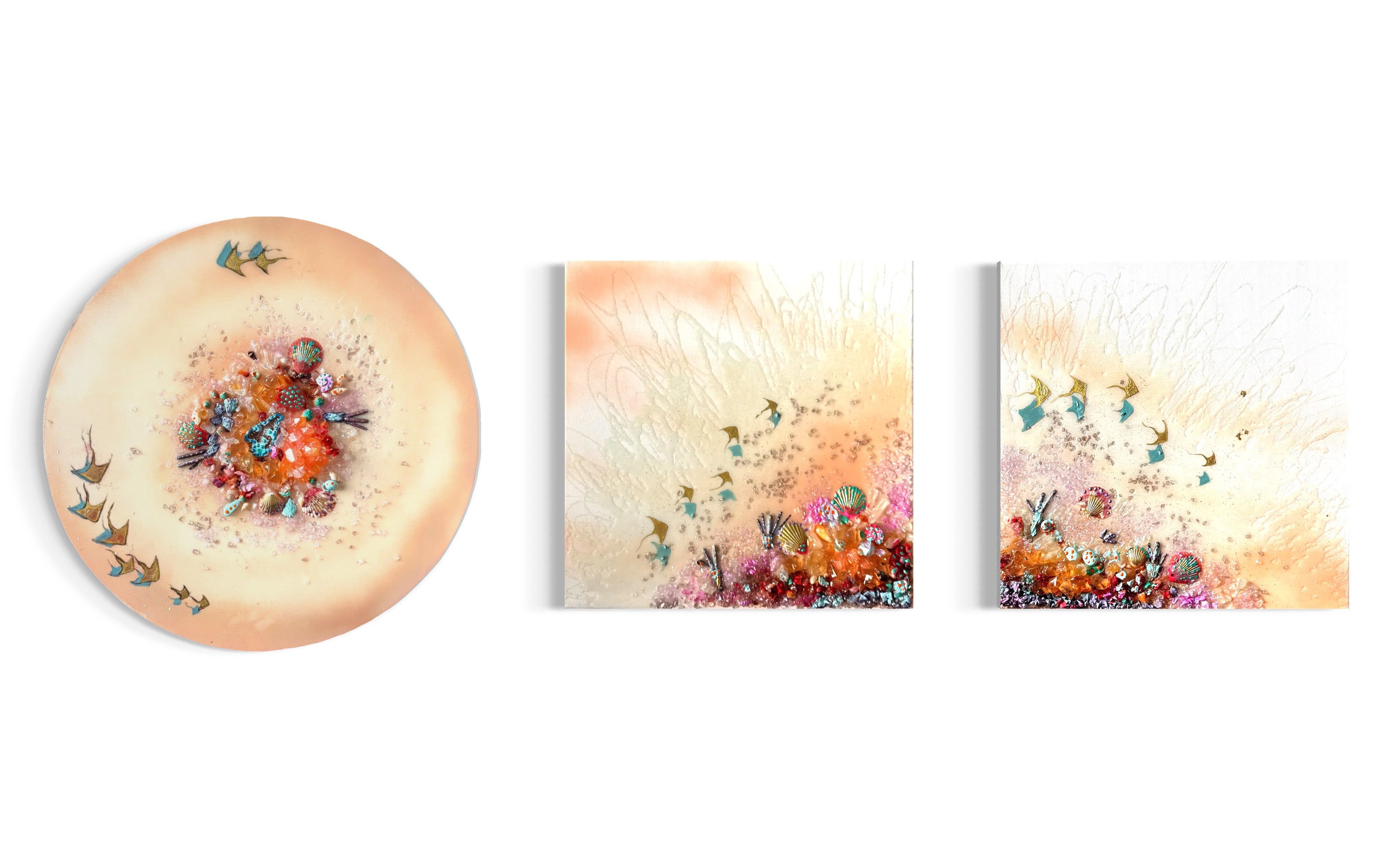 Bounty Reef Aqua Sting Rays Round Artwork with Quartz, Amethyst, Sea Urchin, Pearls, 50cm/20x20”