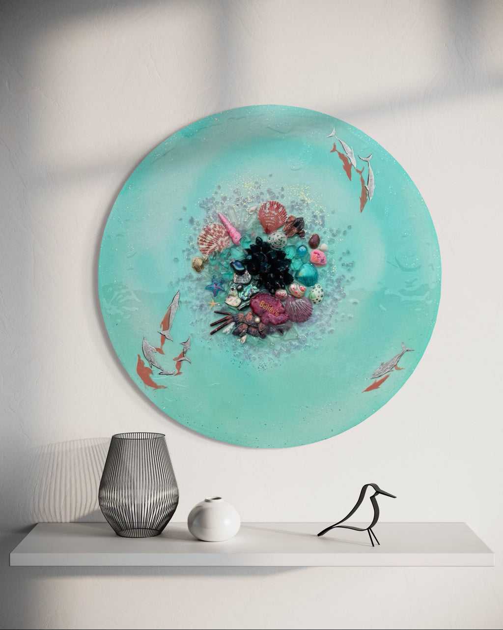 Crystal Bounty Reef Aqua Dolphins Round Artwork with Quartz, Amethyst , Gold leaf , Pearl 50cm/ 20”