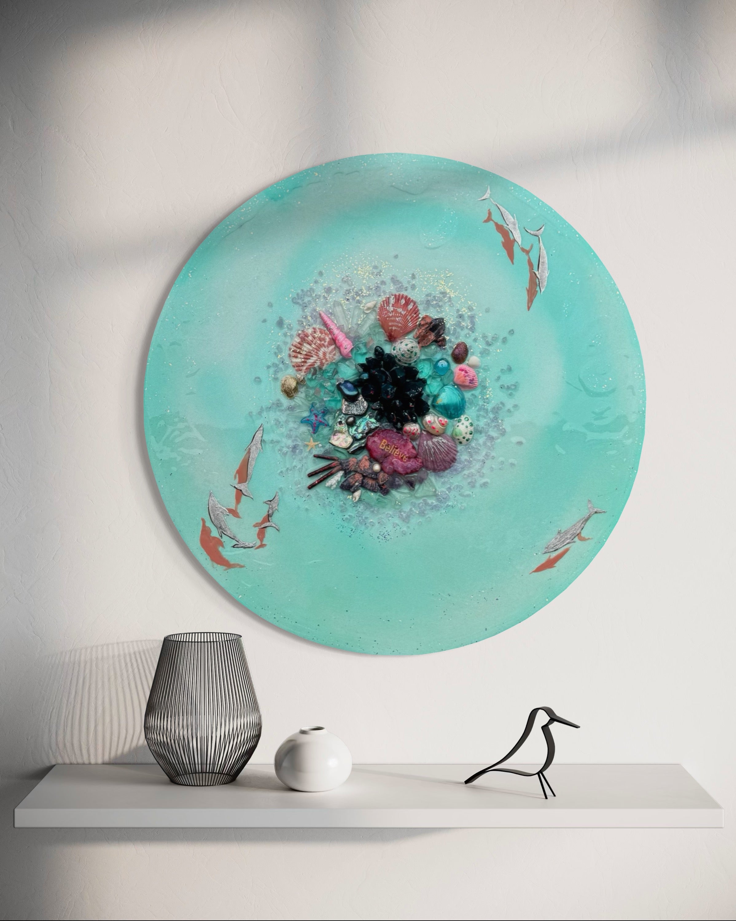 Crystal Bounty Reef Aqua Dolphins Round Artwork with Quartz, Amethyst , Gold leaf , Pearl 50cm/ 20”