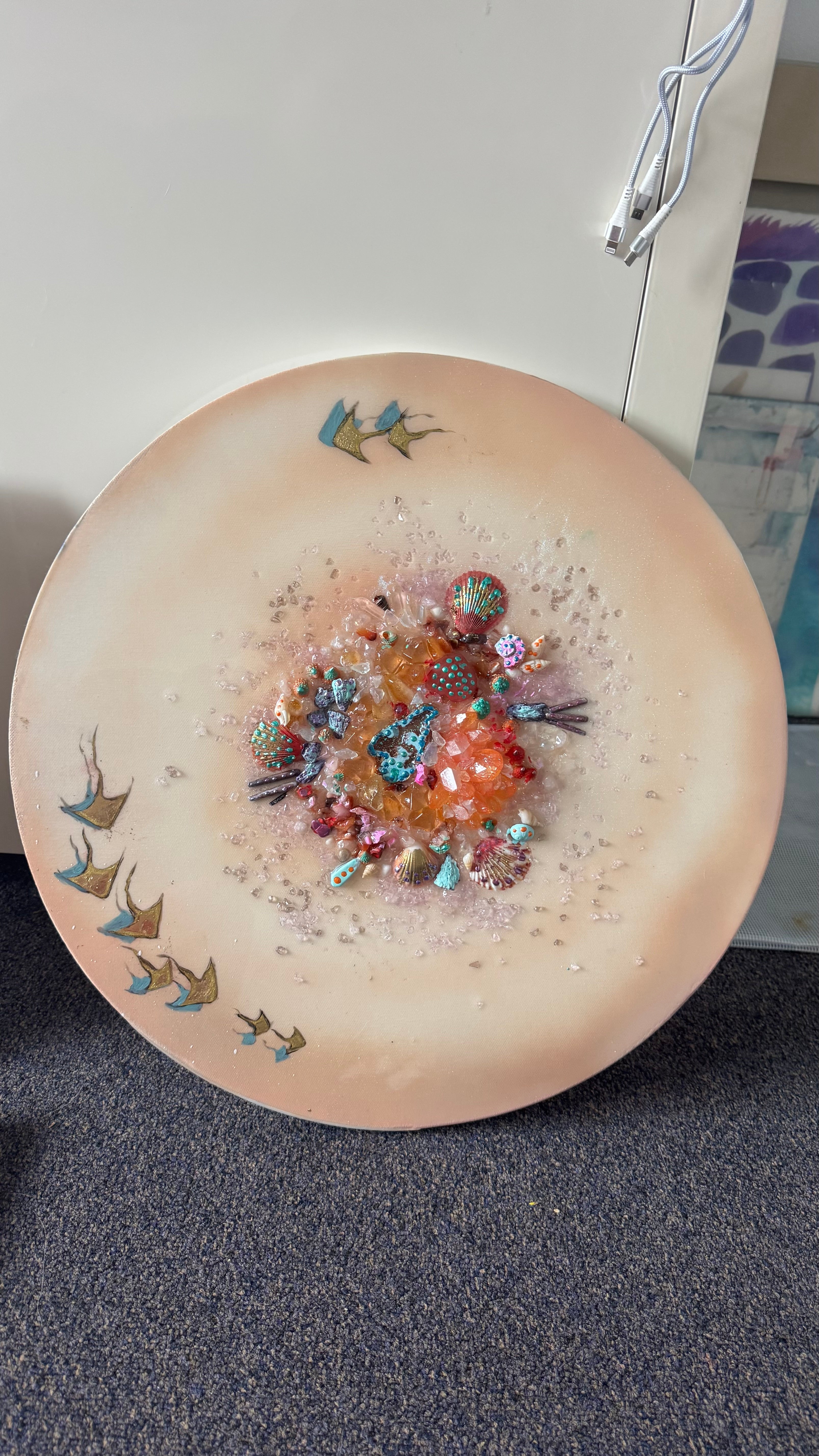 Bounty Reef Aqua Sting Rays Round Artwork with Quartz, Amethyst, Sea Urchin, Pearls, 50cm/20x20”