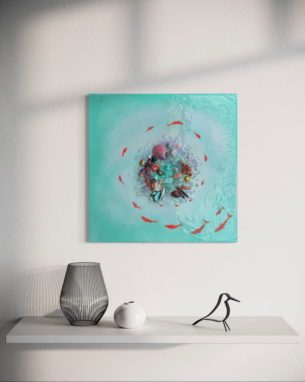 Feel of wonder  Set of 2 with Amethyst, Sea Urchin and Gold Leaf, Quartz set of 2 40x40cm ea/16x16”