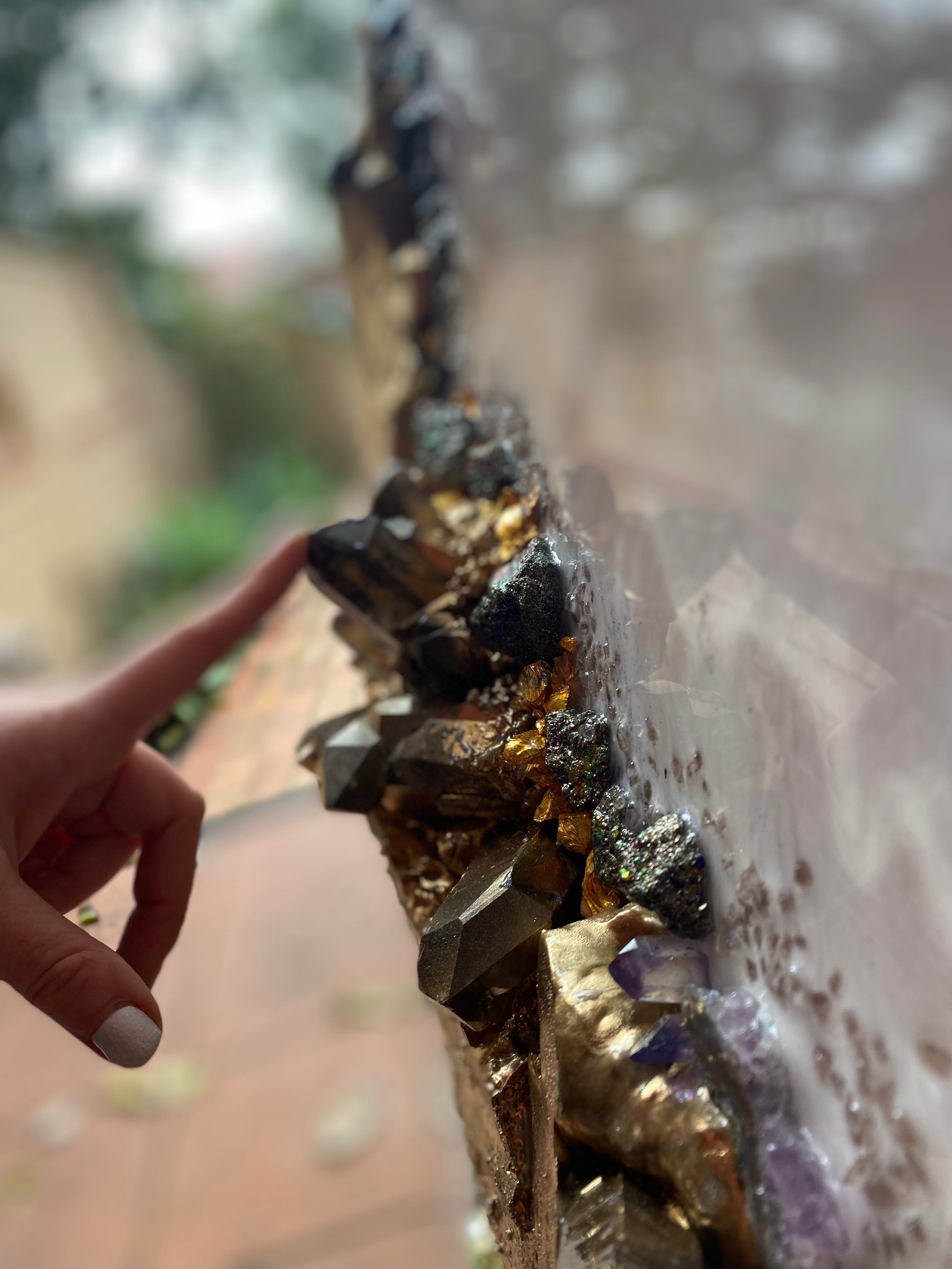 Eclipse Round Gold Organic Pink and Yellow multicolor Abstract Artwork with shadow Quartz and crystals