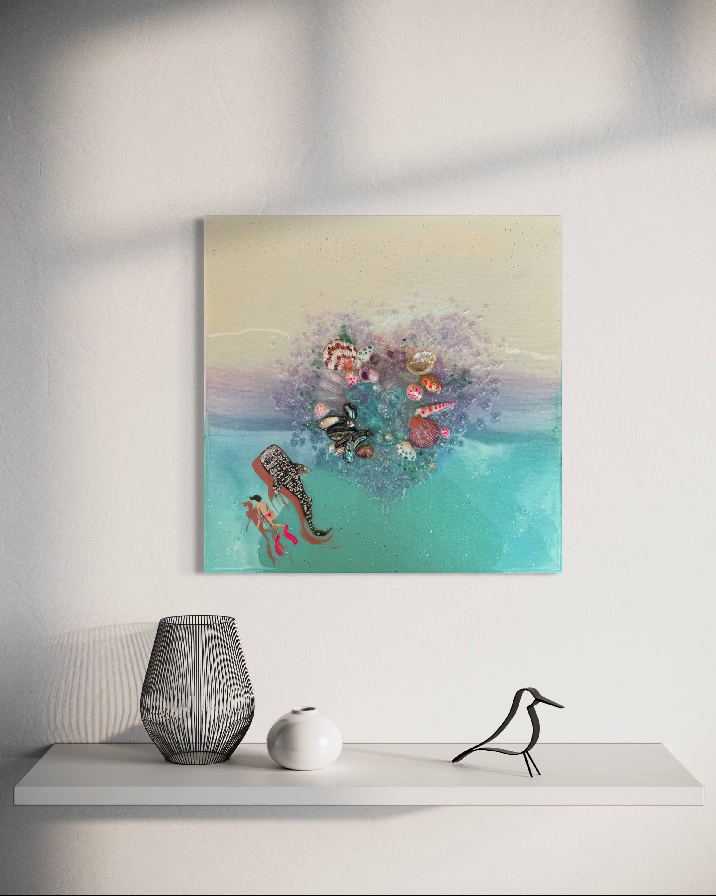 Feel of wonder  Set of 2 with Amethyst, Sea Urchin and Gold Leaf, Quartz set of 2 40x40cm ea/16x16”