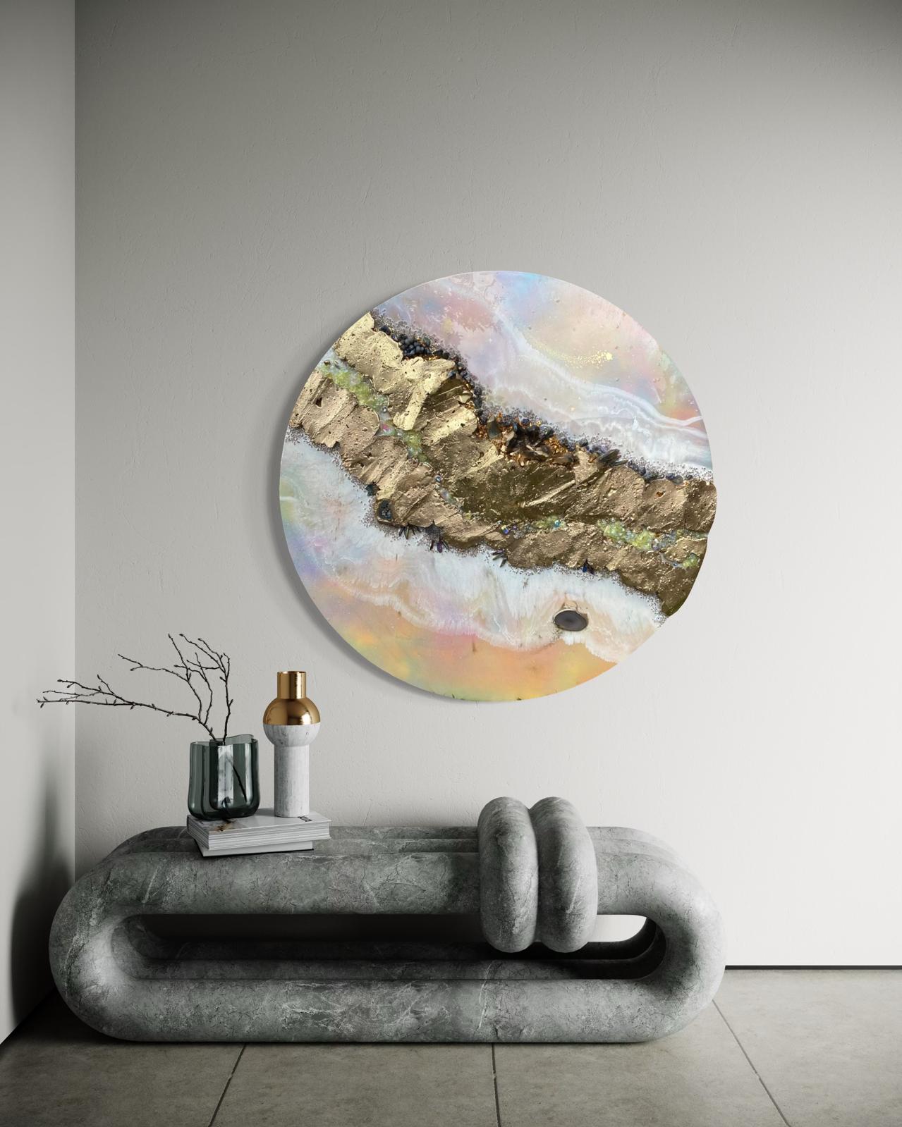 Eclipse Round Gold Organic Pink and Yellow multicolor Abstract Artwork with shadow Quartz and crystals