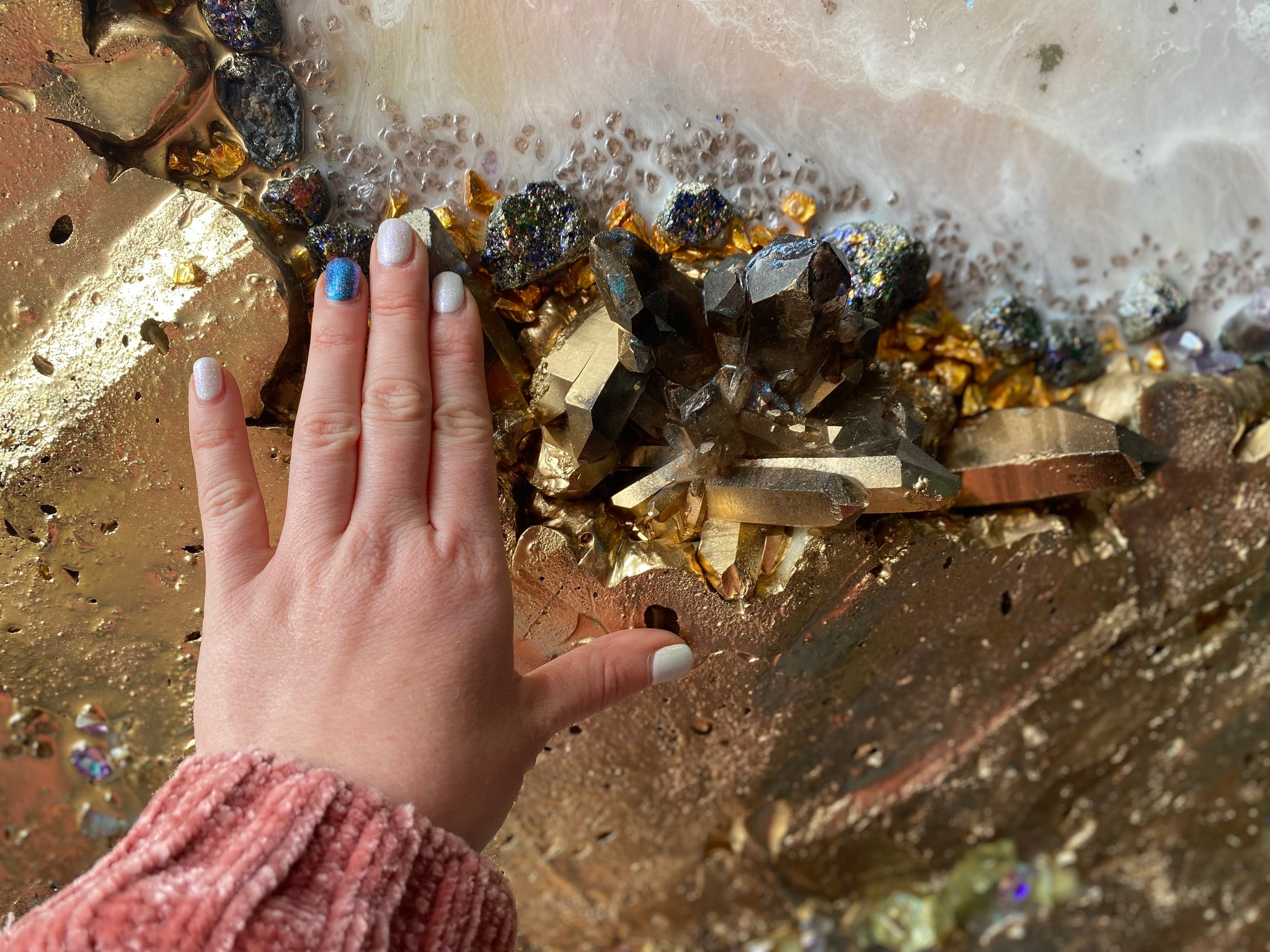 Eclipse Round Gold Organic Pink and Yellow multicolor Abstract Artwork with shadow Quartz and crystals