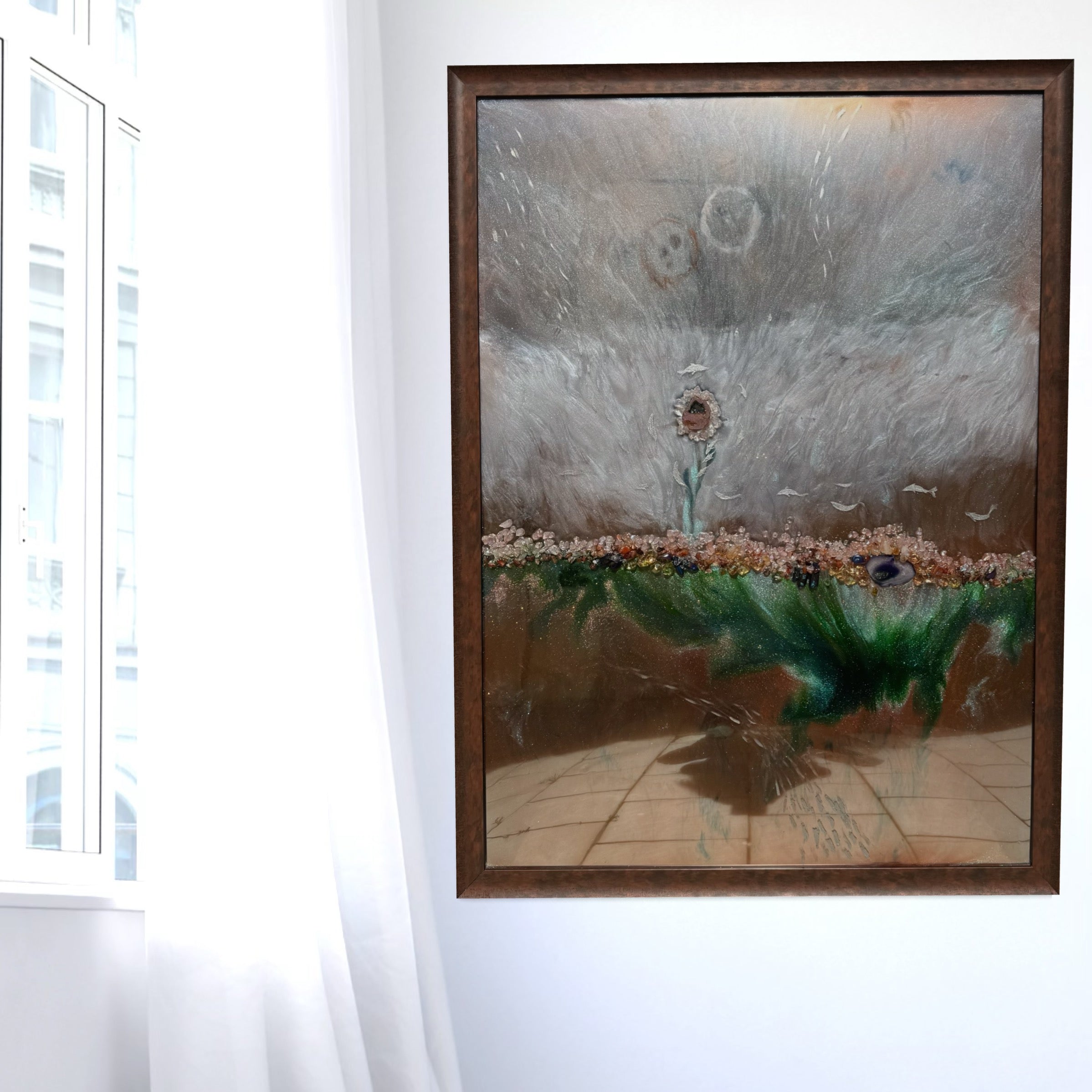 Coral Garden - Reflection of Resilience -Original Crystal Mirror Artwork FRAMED 48x35”