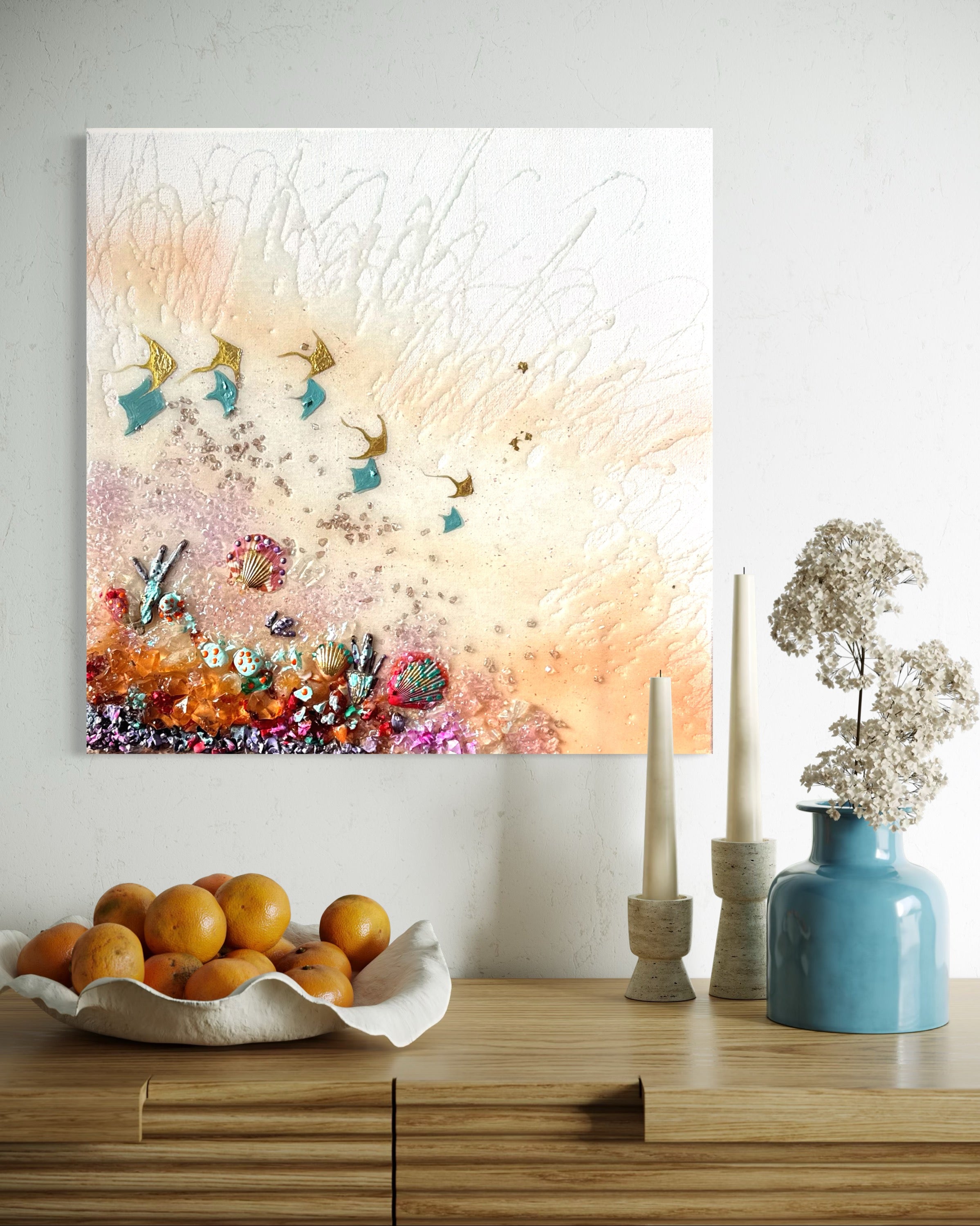 Feel the Wonder Set of 2 with Amethyst, Sea Urchin and Gold Leaf, Quartz set of 2 40x40cm ea/16x16” ea