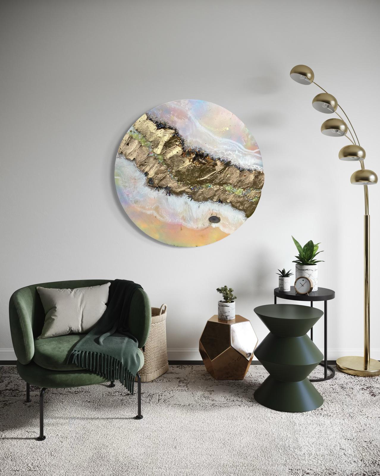 Eclipse Round Gold Organic Pink and Yellow multicolor Abstract Artwork with shadow Quartz and crystals