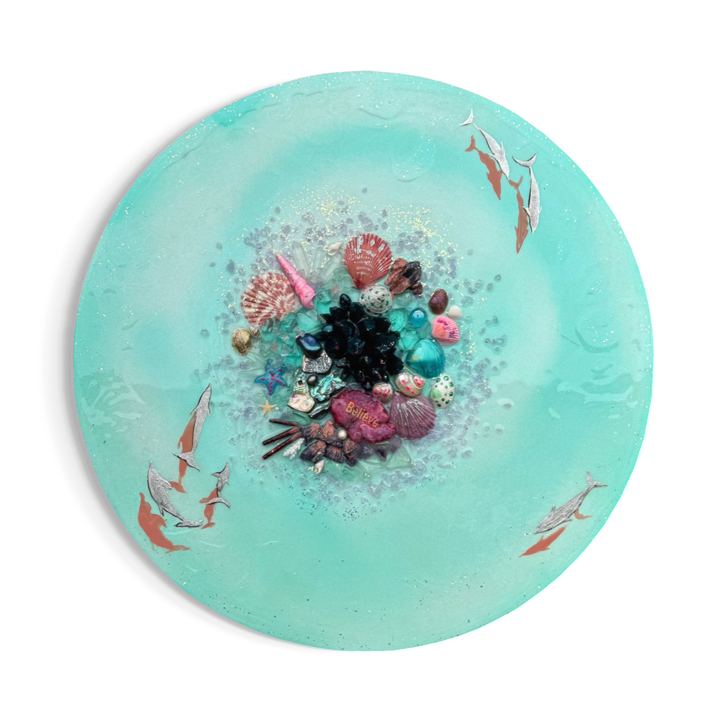 Crystal Bounty Reef Aqua Dolphins Round Artwork with Quartz, Amethyst , Gold leaf , Pearl 50cm/ 20”
