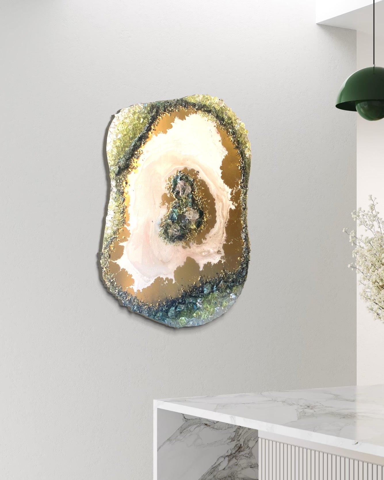 Green Harmony Crystal Reef - Freeform Crystal Art with Peridot, Fuschite and Quartz 40x60cm