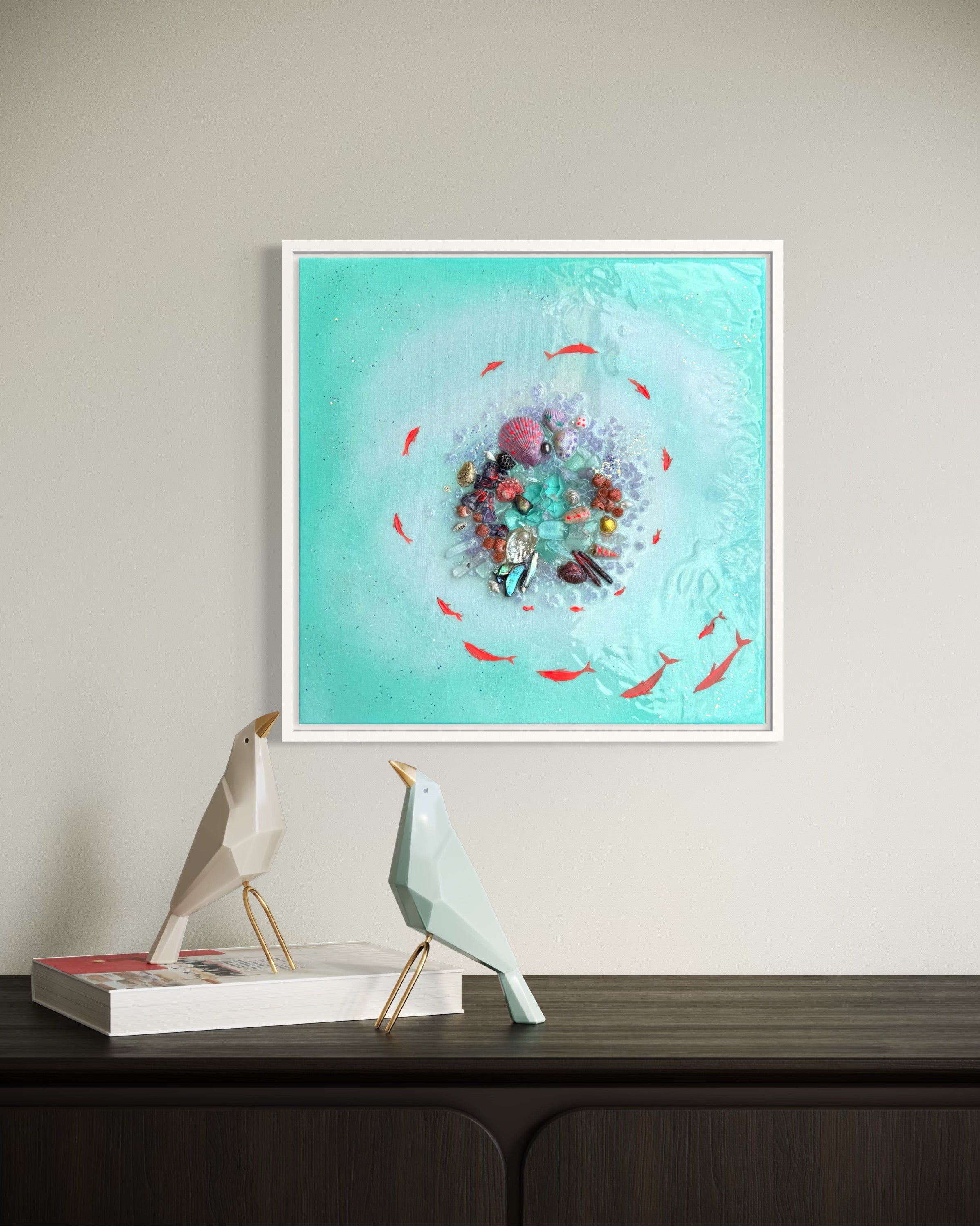 Feel of wonder  Set of 2 with Amethyst, Sea Urchin and Gold Leaf, Quartz set of 2 40x40cm ea/16x16”
