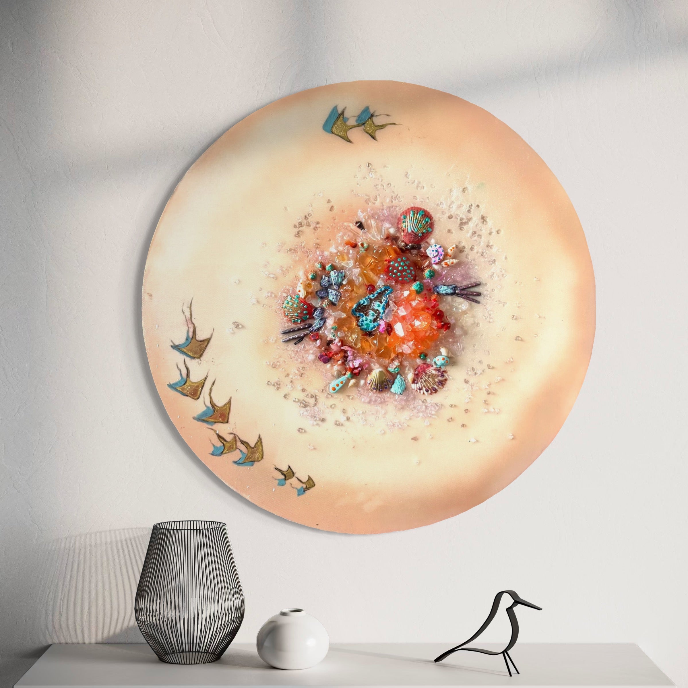 Bounty Reef Aqua Sting Rays Round Artwork with Quartz, Amethyst, Sea Urchin, Pearls, 50cm/20x20”