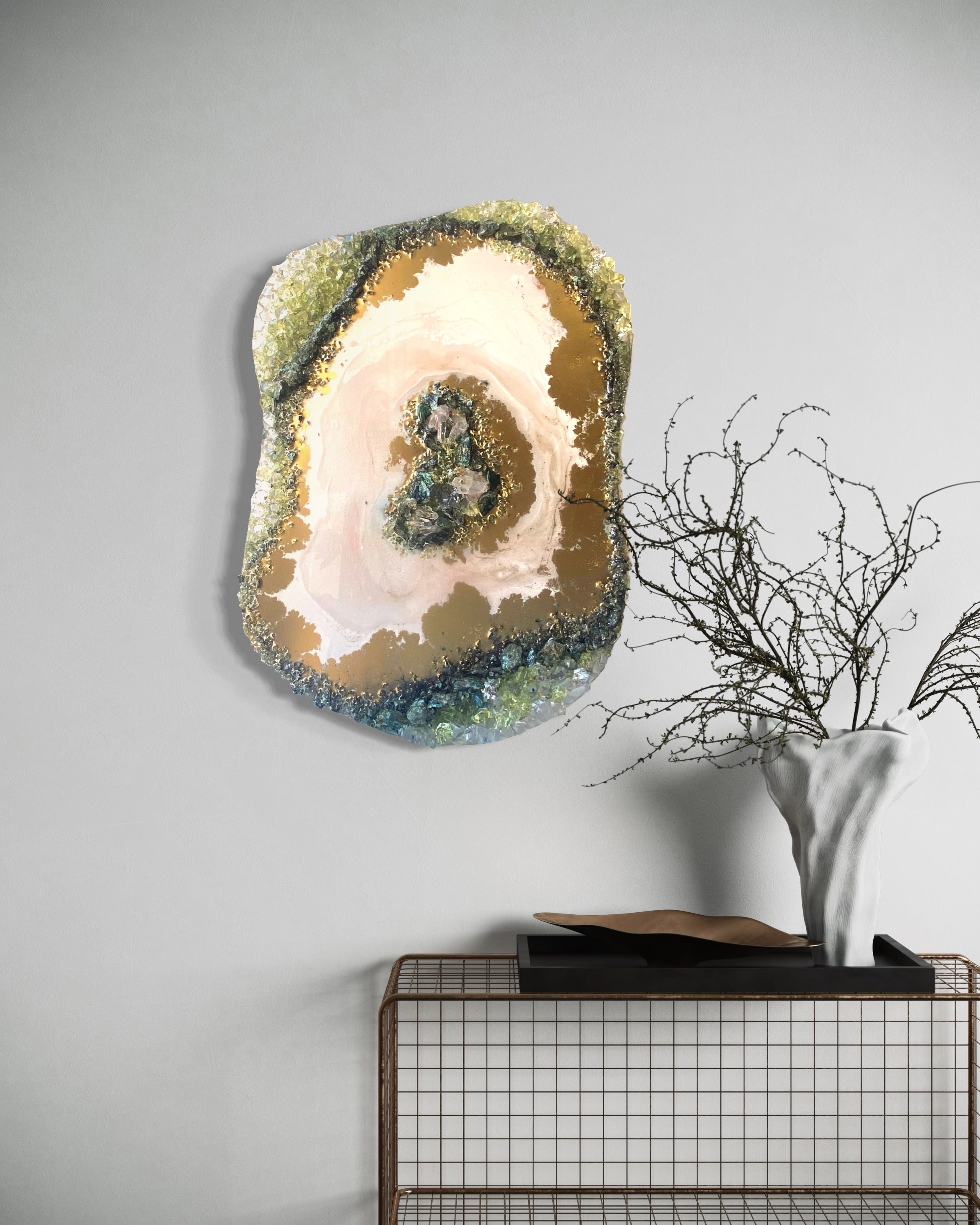 Green Harmony Crystal Reef - Freeform Crystal Art with Peridot, Fuschite and Quartz 40x60cm