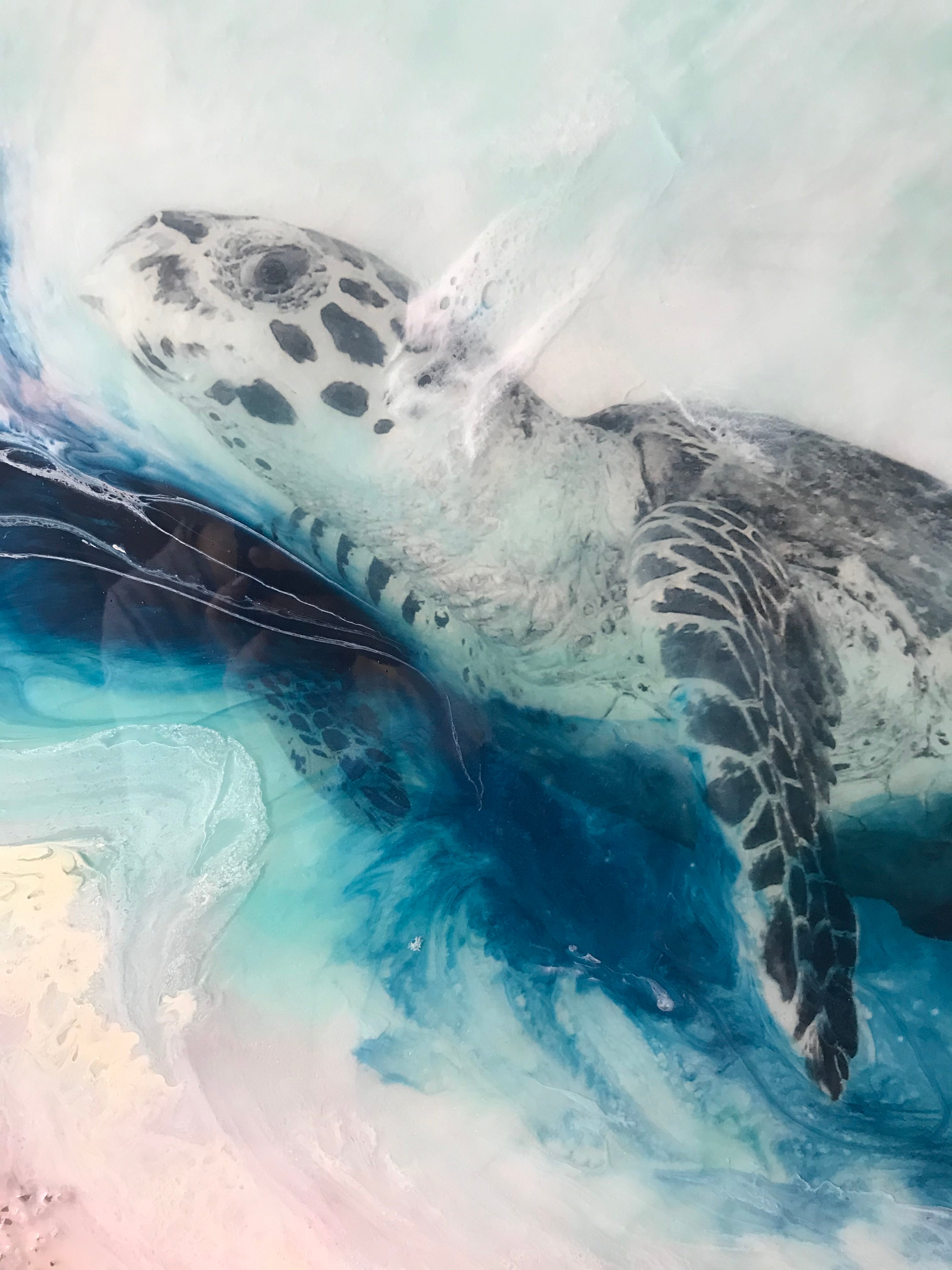 Green Round Turtle Artwork.Bounty Turtle 3.0. Australian Seascape.  90x90cm