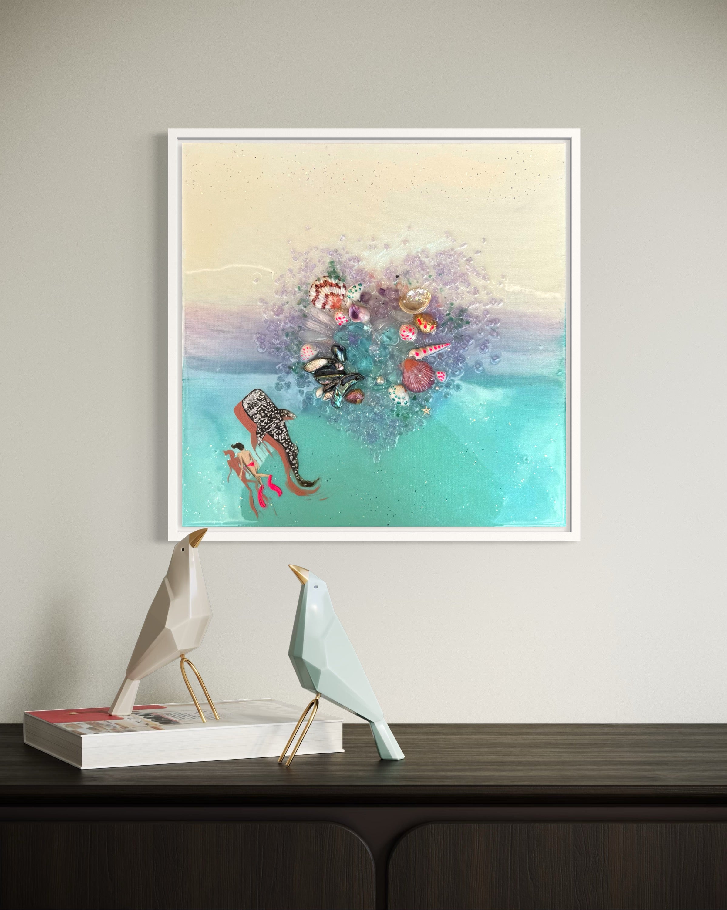 Feel of wonder  Set of 2 with Amethyst, Sea Urchin and Gold Leaf, Quartz set of 2 40x40cm ea/16x16”