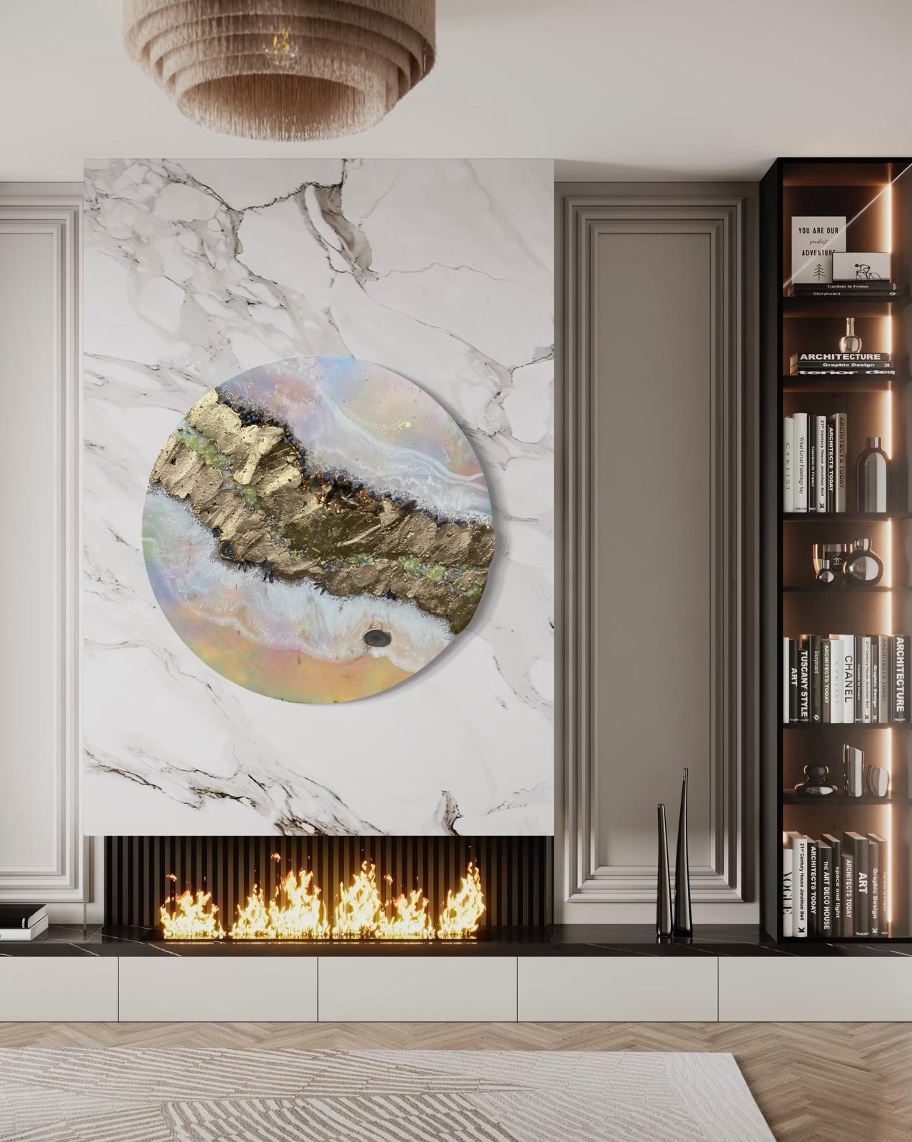 Eclipse Round Gold Organic Pink and Yellow multicolor Abstract Artwork with shadow Quartz and crystals