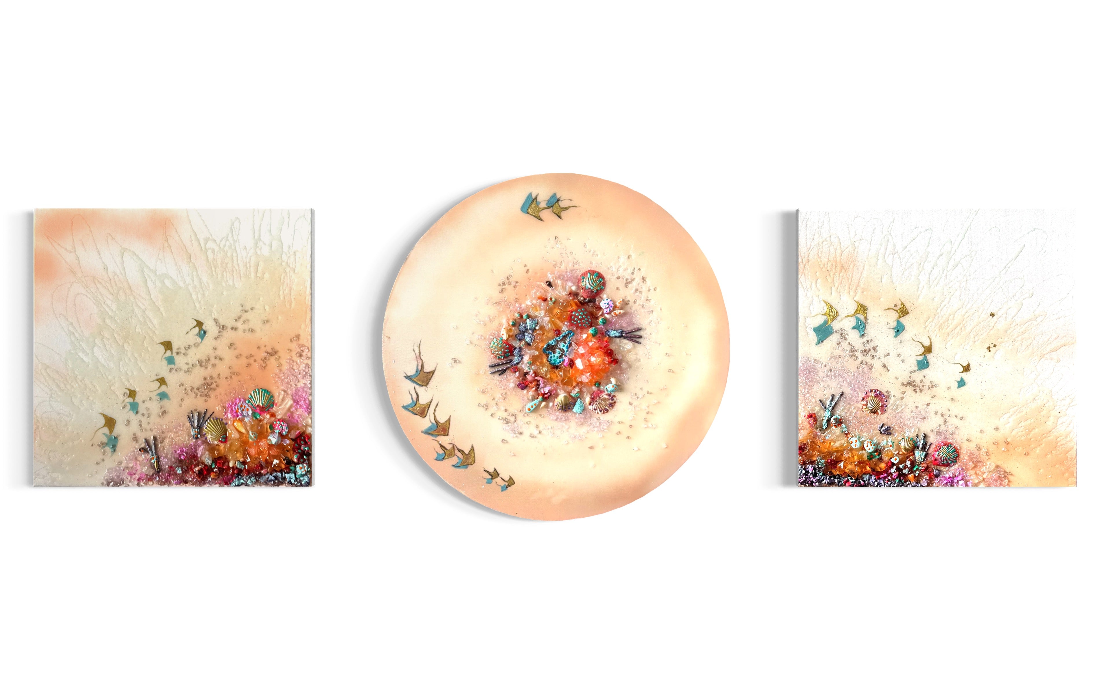 Bounty Reef Aqua Sting Rays Round Artwork with Quartz, Amethyst, Sea Urchin, Pearls, 50cm/20x20”