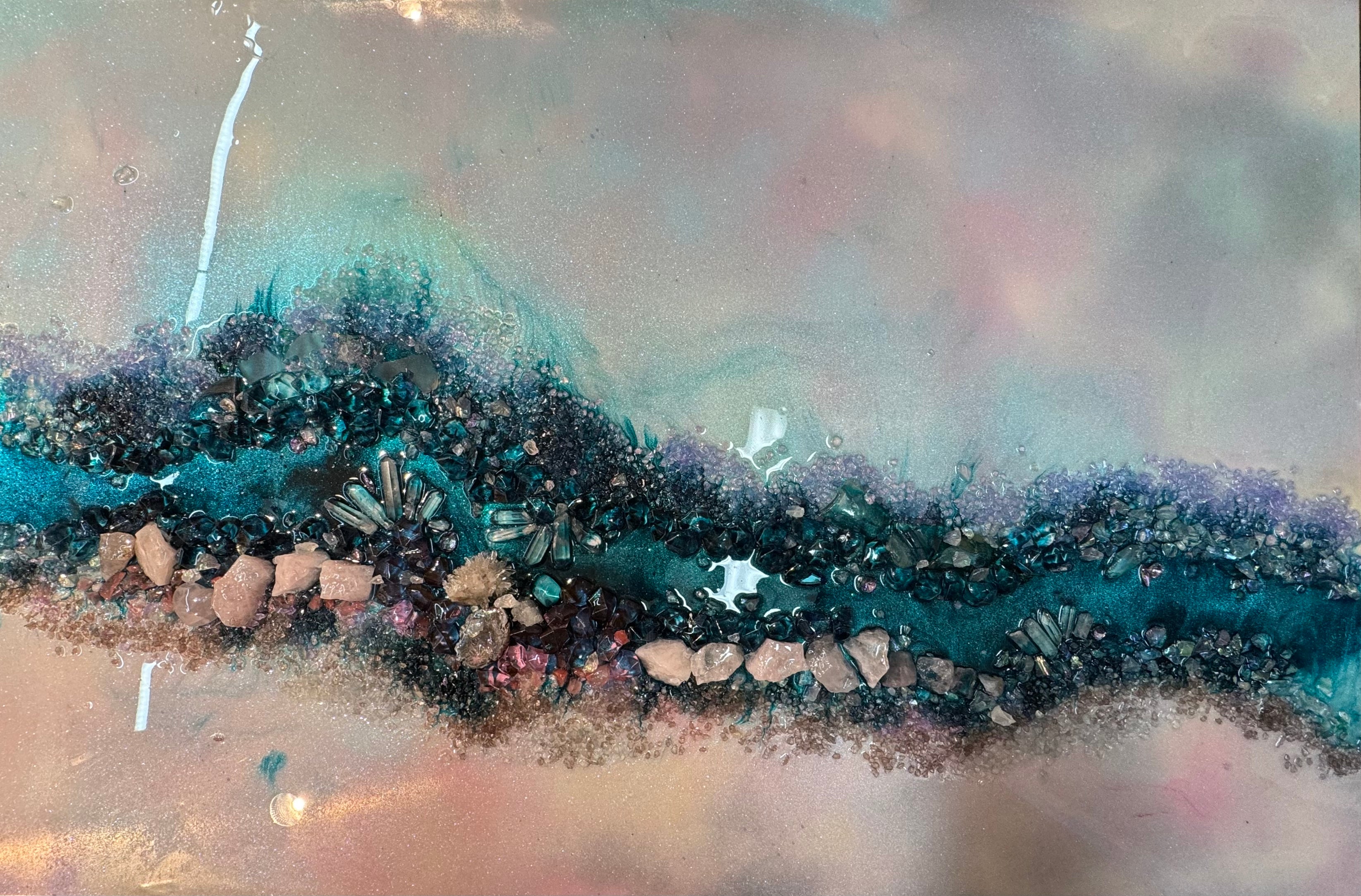 Pink and Blue Ocean Artwork. Crystal Reef - with Rose Quartz, Swarovski, Aura Quartz and Titanium Aura FRAMED 60x90cm