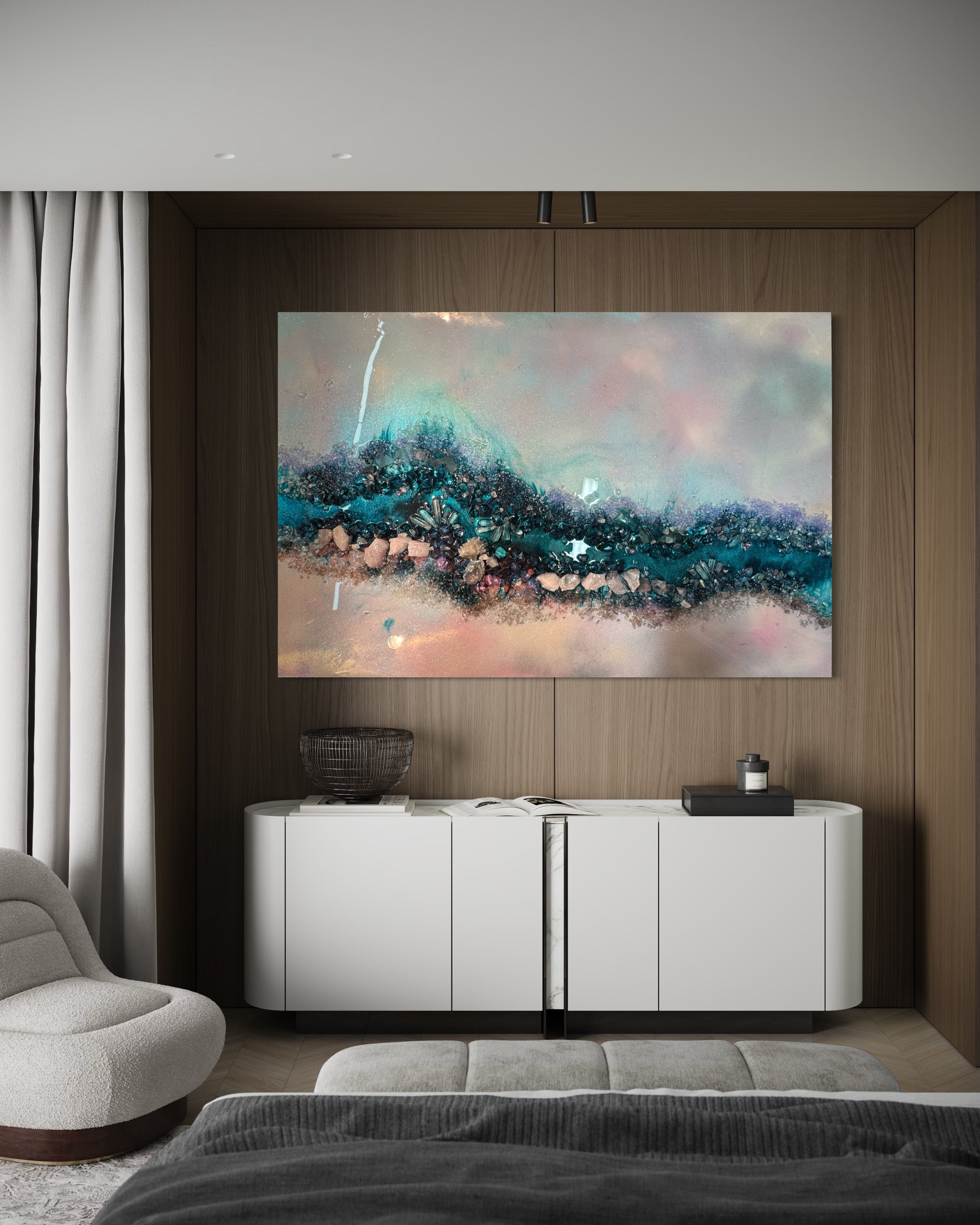 Pink and Blue Ocean Artwork. Crystal Reef - with Rose Quartz, Swarovski, Aura Quartz and Titanium Aura FRAMED 60x90cm