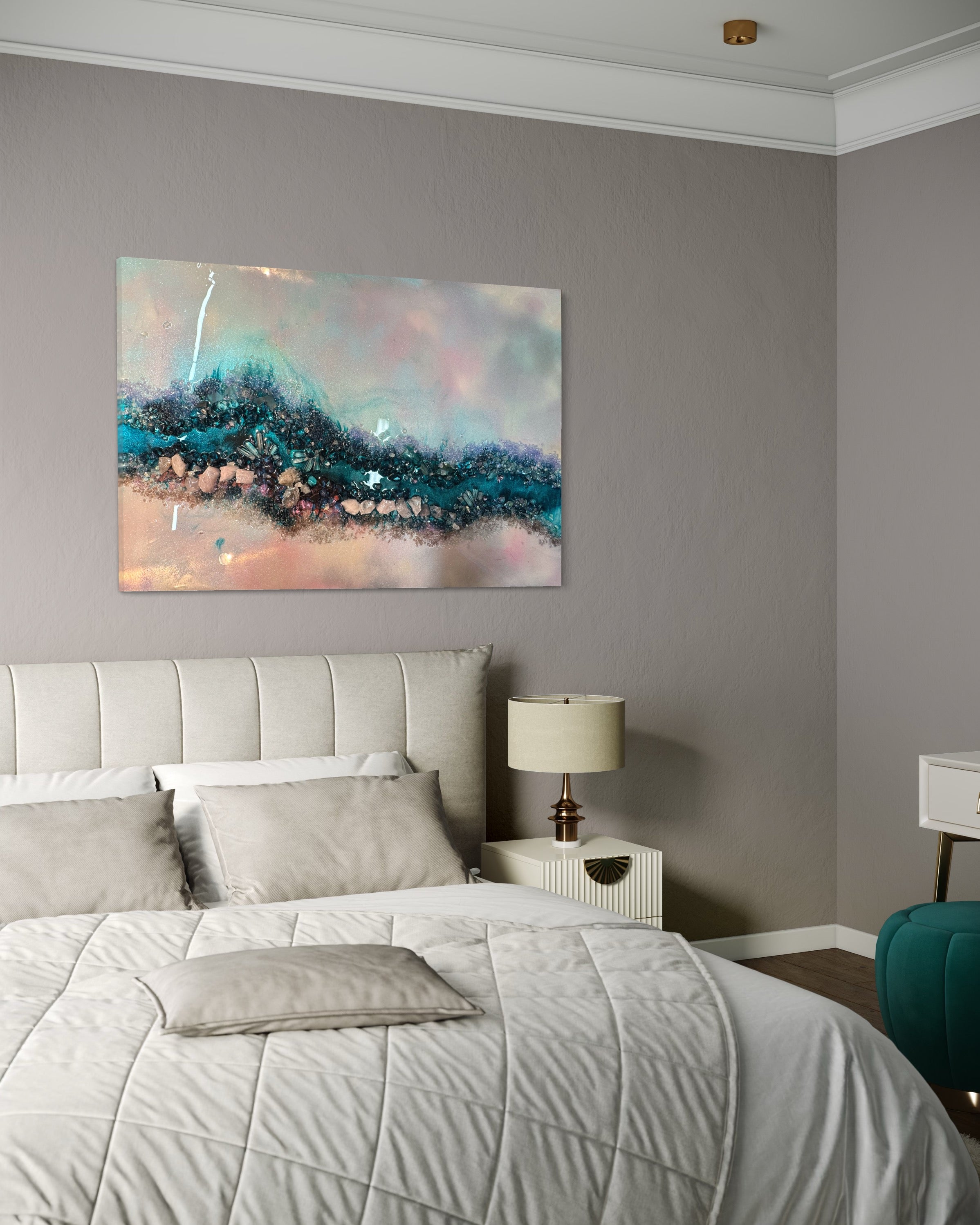 Pink and Blue Ocean Artwork. Crystal Reef - with Rose Quartz, Swarovski, Aura Quartz and Titanium Aura FRAMED 60x90cm