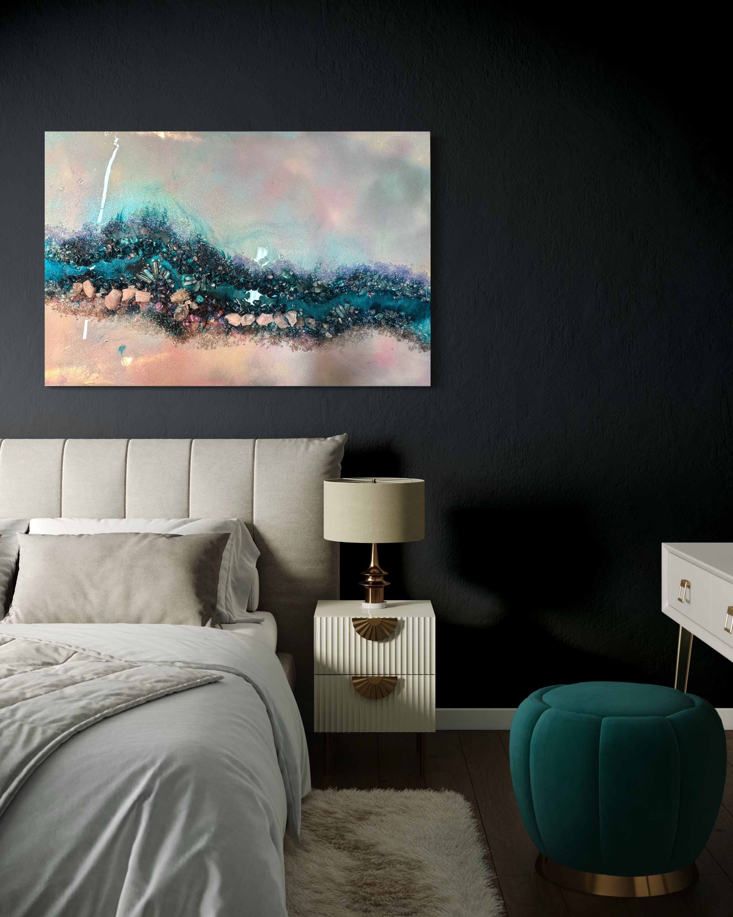 Pink and Blue Ocean Artwork. Crystal Reef - with Rose Quartz, Swarovski, Aura Quartz and Titanium Aura FRAMED 60x90cm